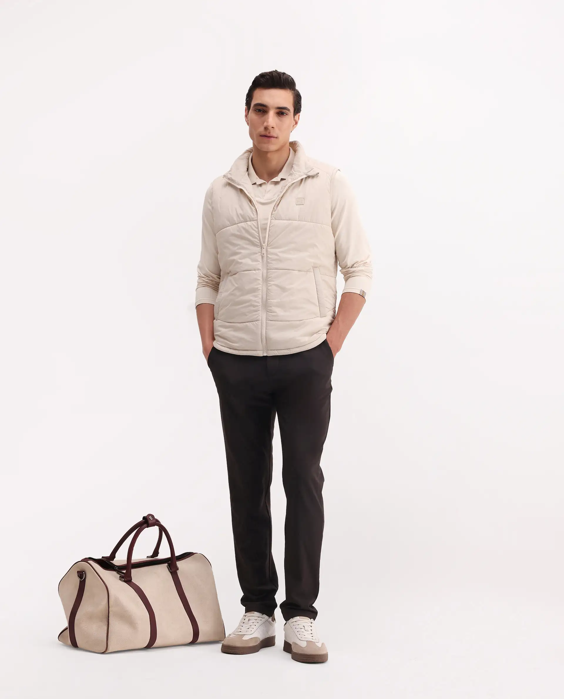 Rare Rabbit Men's Berry-25 Beige Polyester Fabric Sleeveless High Neck Plain Puffer Jacket - Image 2