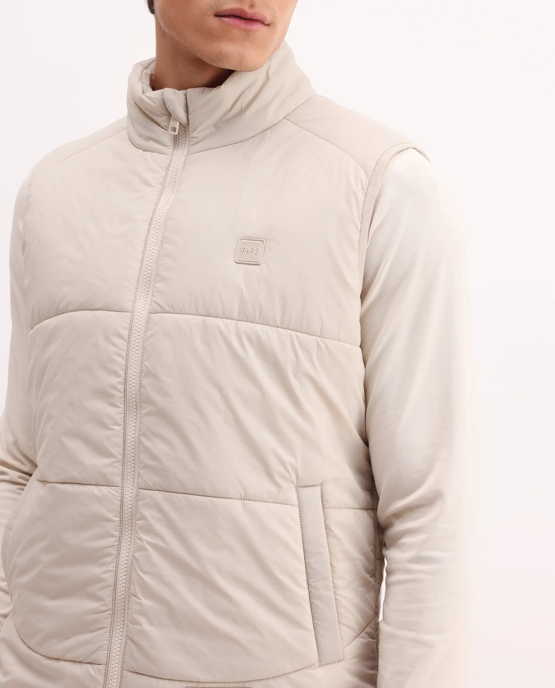 Rare Rabbit Men's Berry-25 Beige Polyester Fabric Sleeveless High Neck Plain Puffer Jacket - Image 3