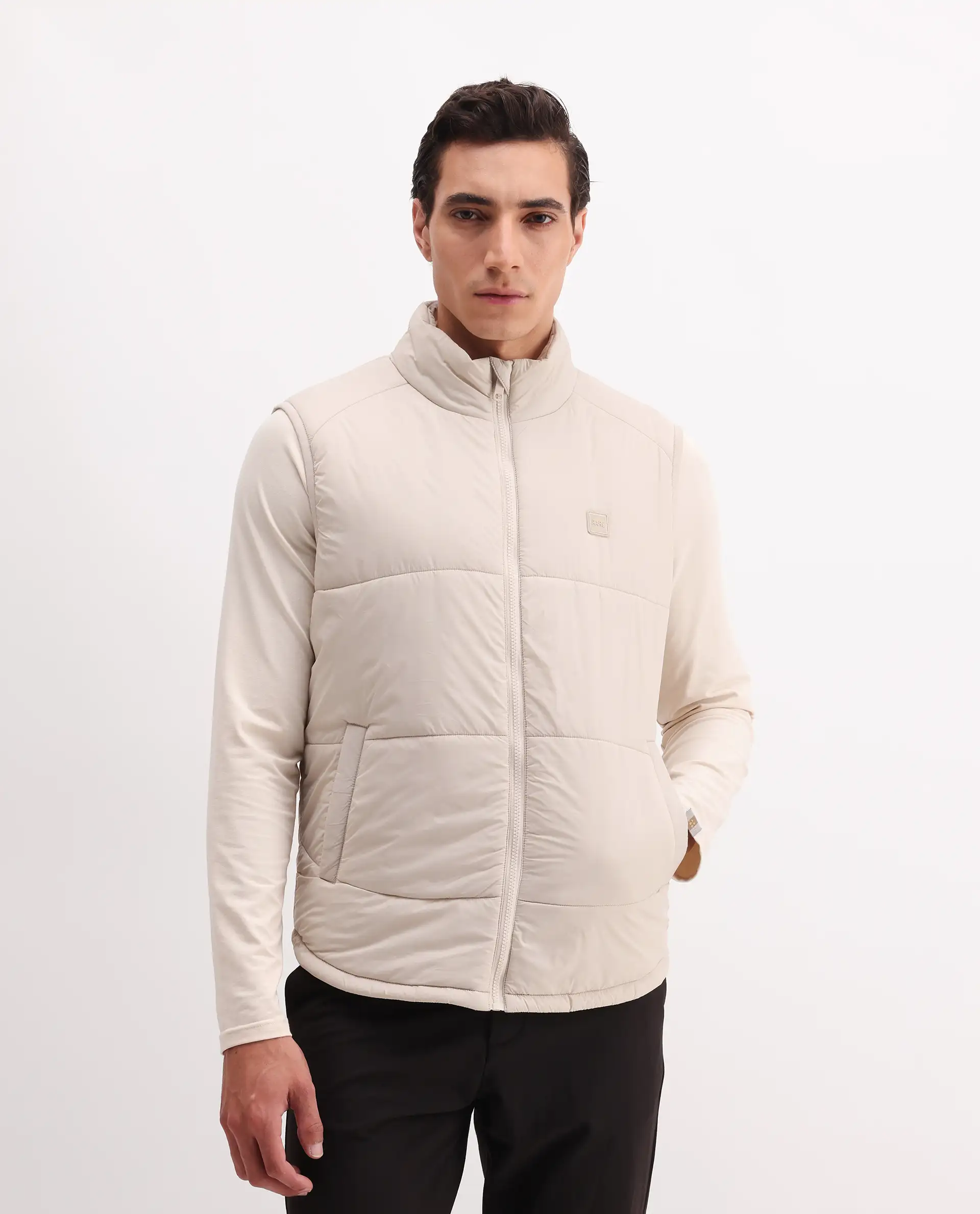Rare Rabbit Men's Berry-25 Beige Polyester Fabric Sleeveless High Neck Plain Puffer Jacket - Image 4