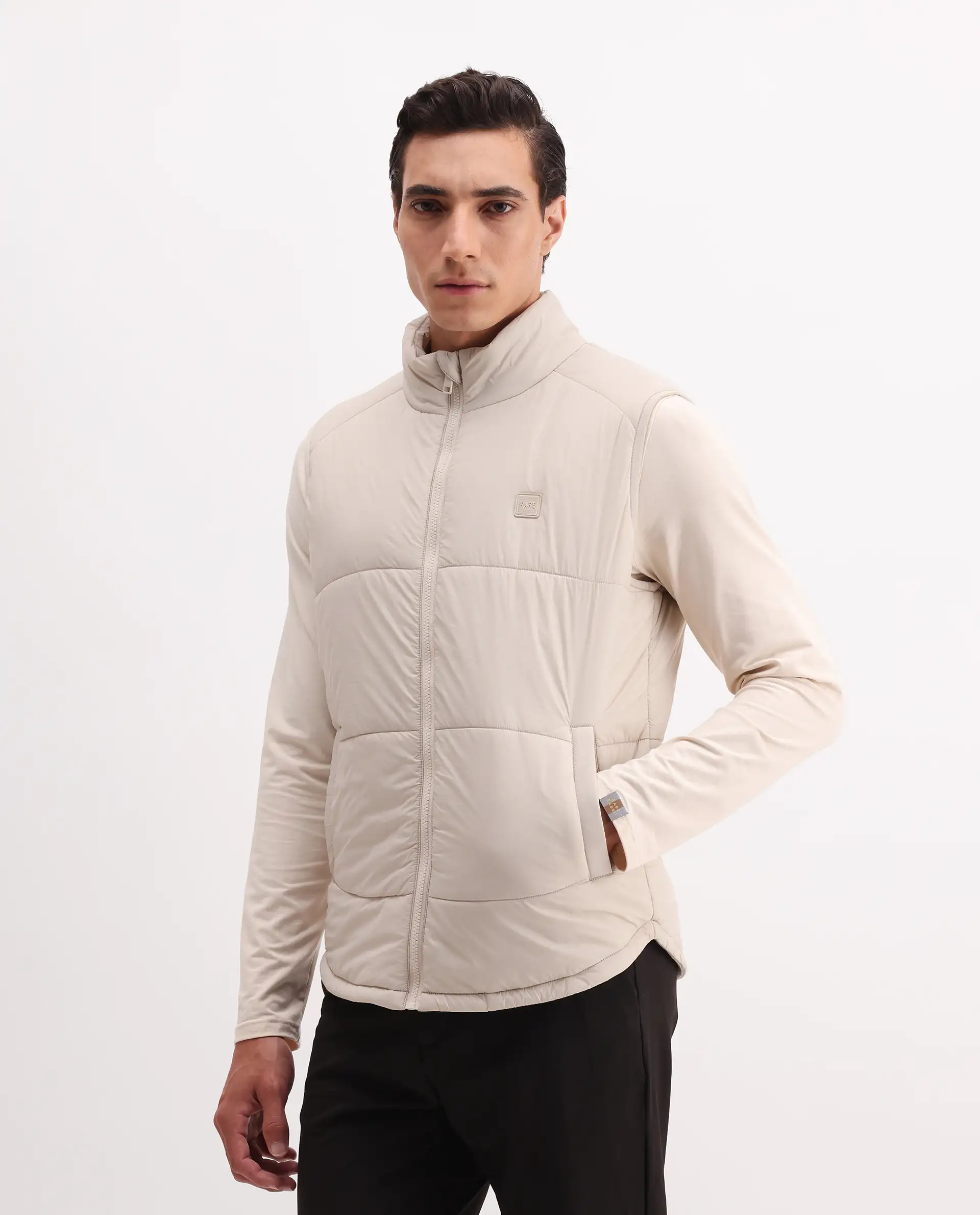 Rare Rabbit Men's Berry-25 Beige Polyester Fabric Sleeveless High Neck Plain Puffer Jacket - Image 5