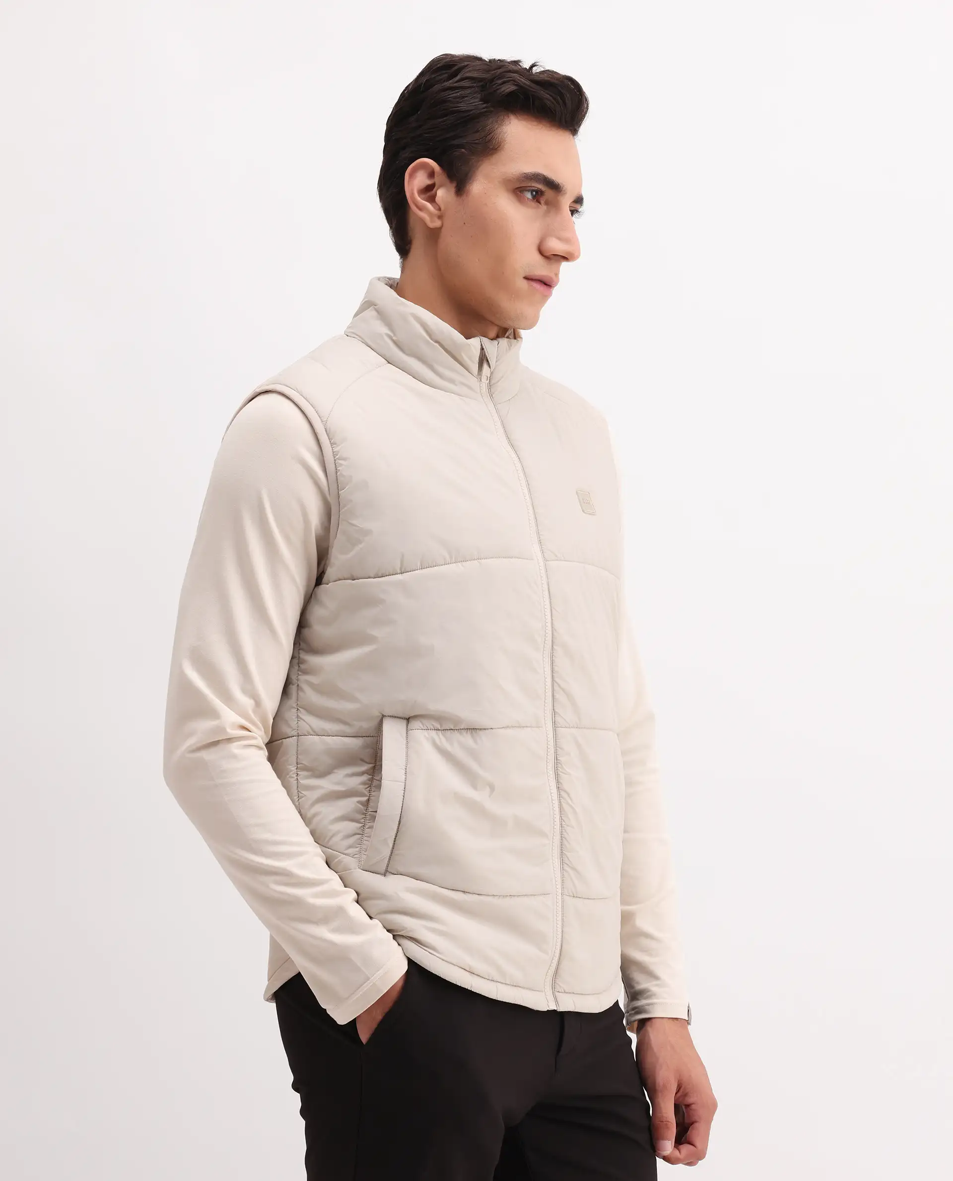 Rare Rabbit Men's Berry-25 Beige Polyester Fabric Sleeveless High Neck Plain Puffer Jacket - Image 6