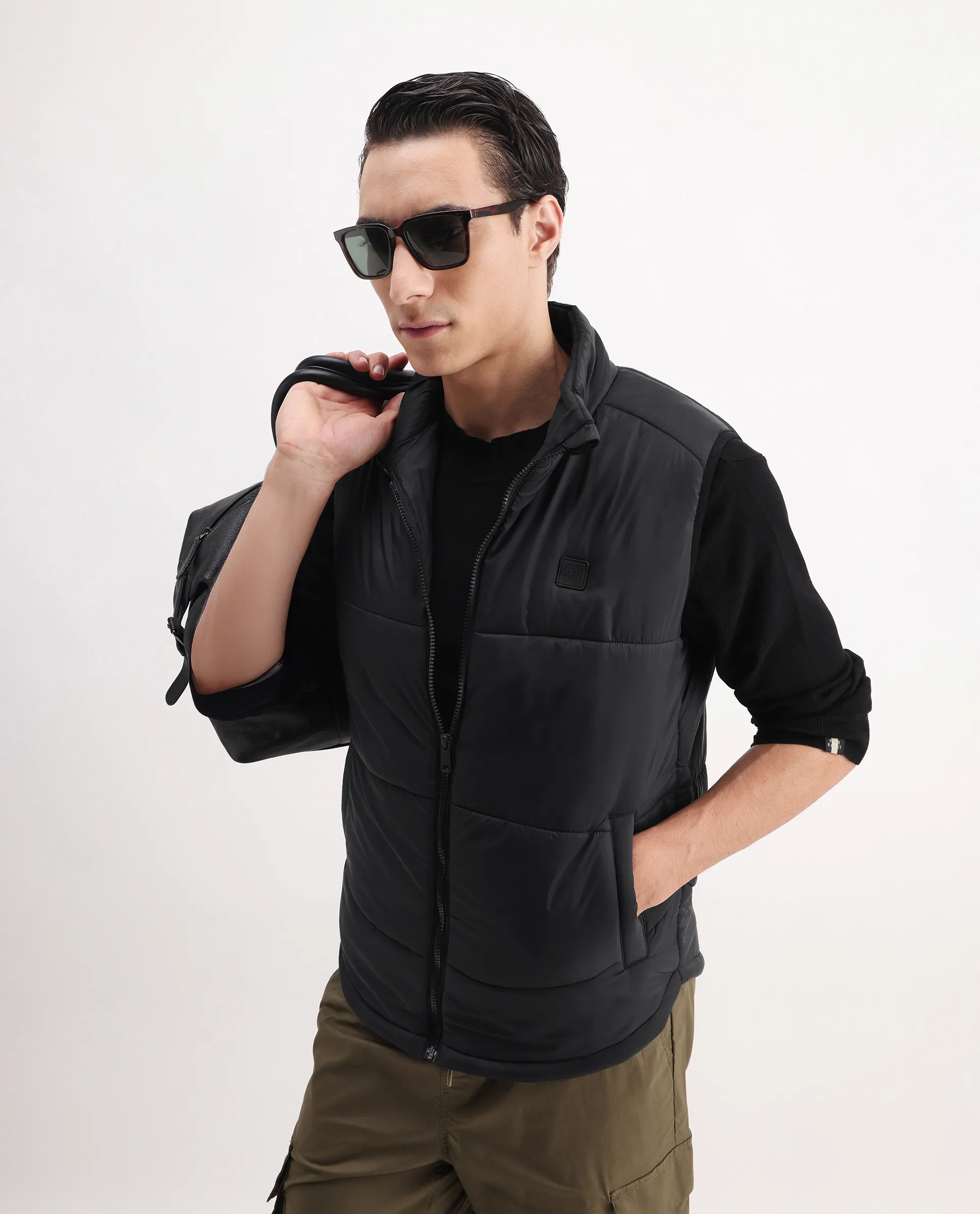 Rare Rabbit Men's Berry-25 Black Polyester Plain Regular Fit Sleeveless High Neck Jacket