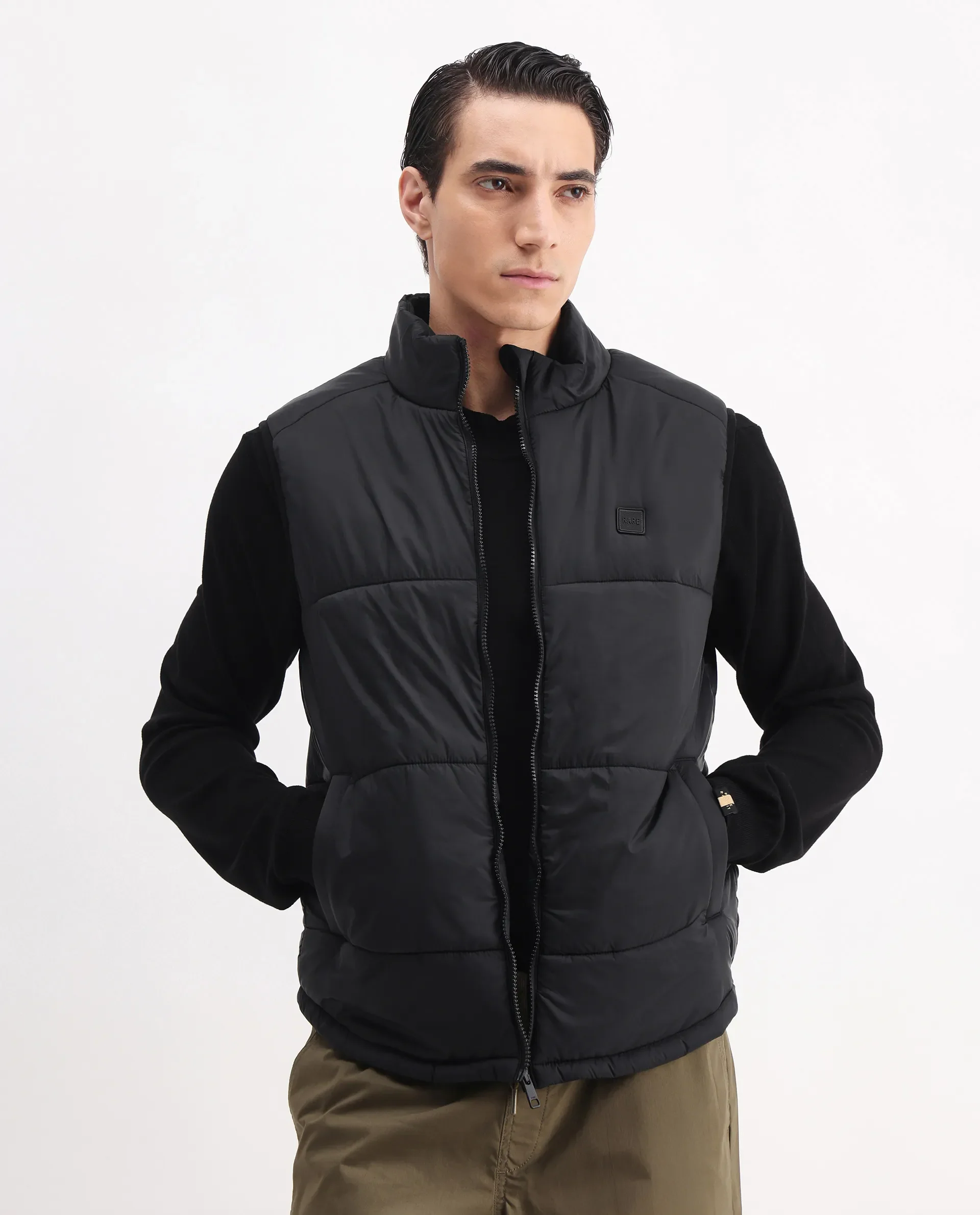 Rare Rabbit Men's Berry-25 Black Polyester Plain Regular Fit Sleeveless High Neck Jacket - Image 3