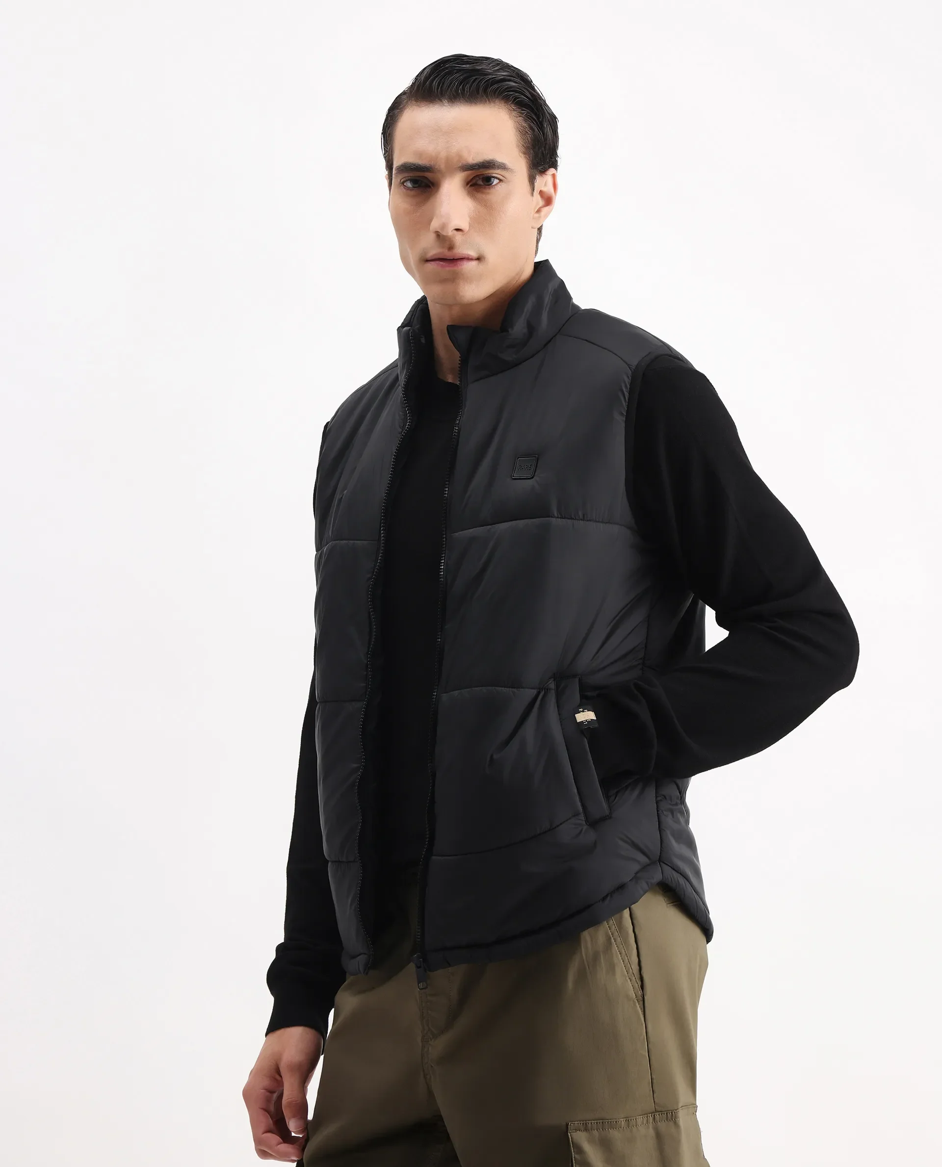 Rare Rabbit Men's Berry-25 Black Polyester Plain Regular Fit Sleeveless High Neck Jacket - Image 4