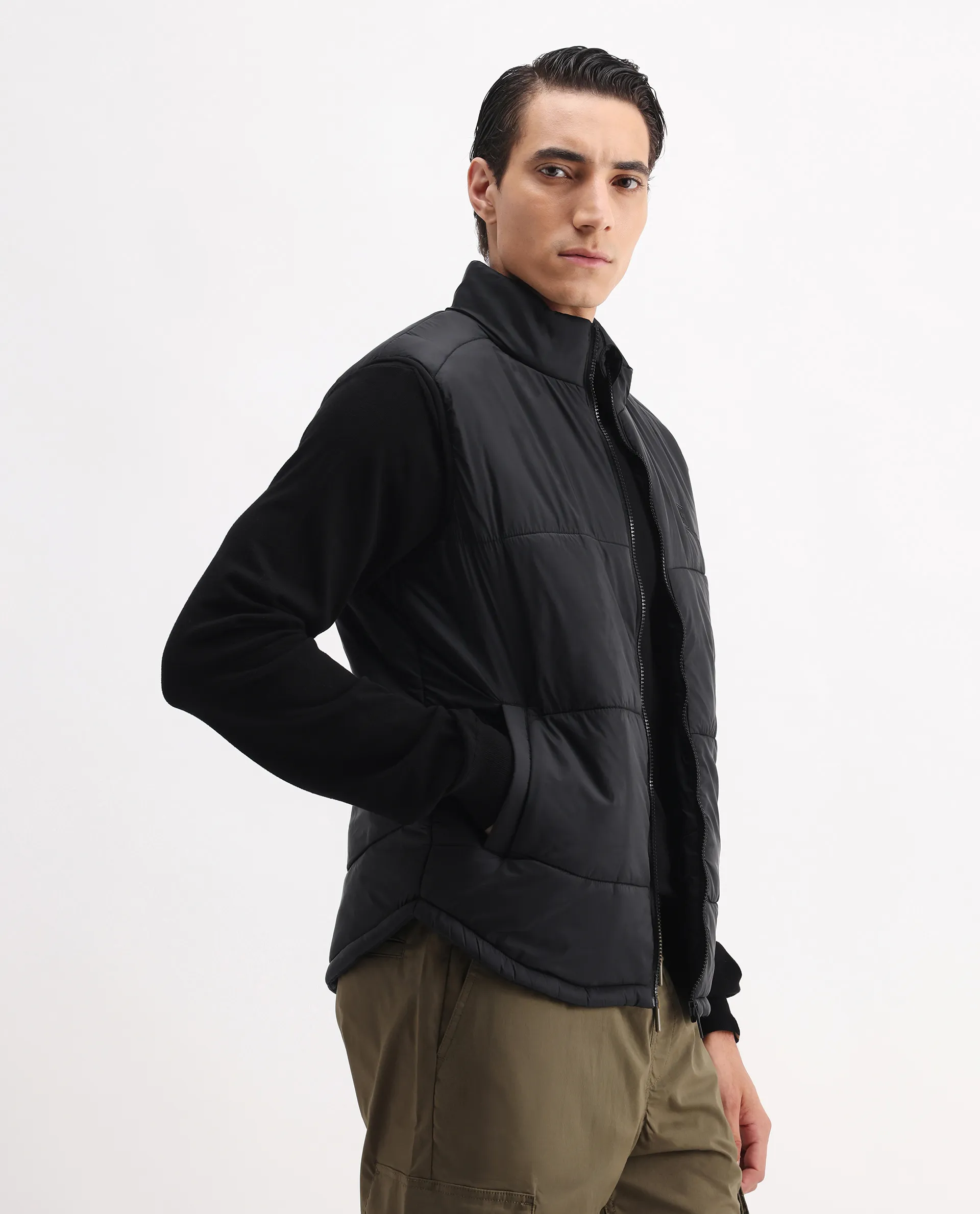 Rare Rabbit Men's Berry-25 Black Polyester Plain Regular Fit Sleeveless High Neck Jacket - Image 5