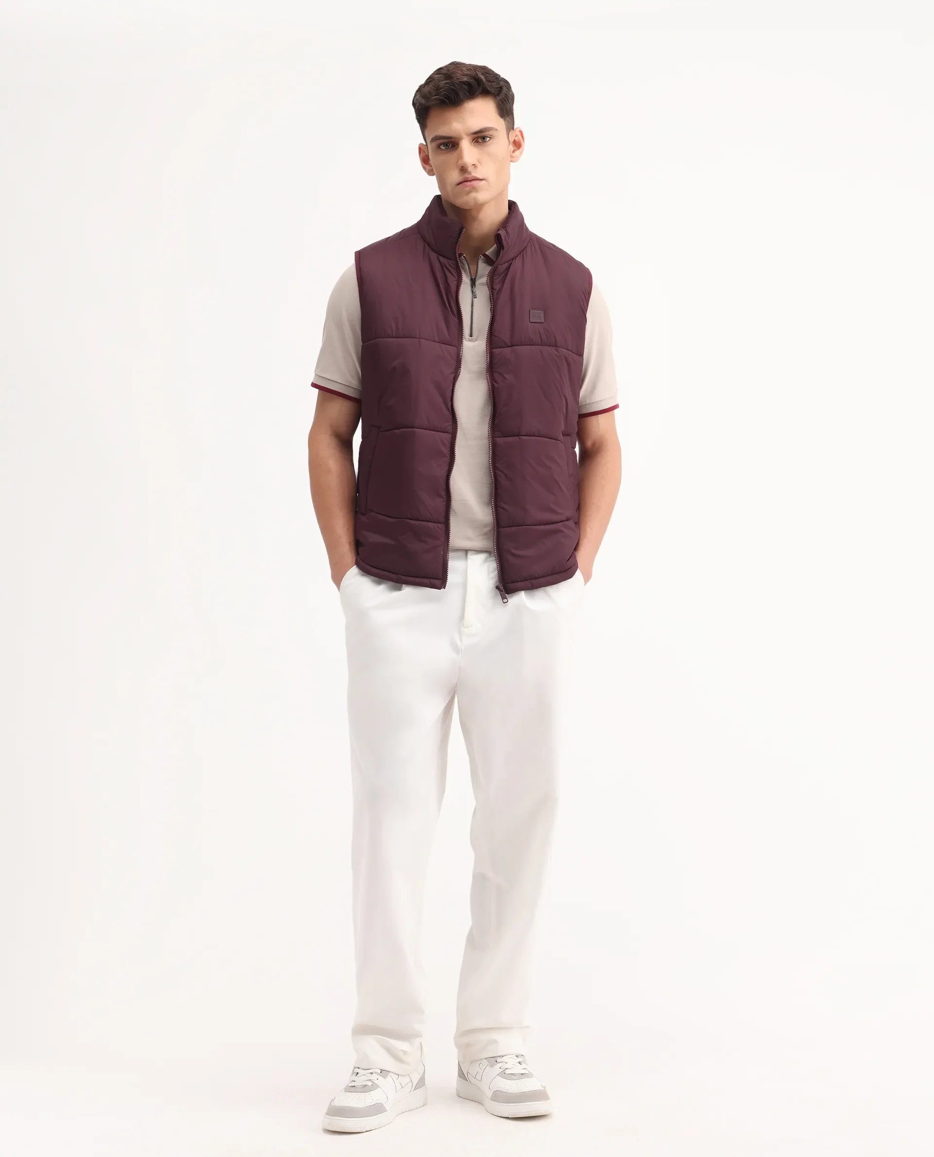 Rare Rabbit Men's Berry-25 Maroon Polyester Plain Regular Fit Sleeveless High Neck Jacket - Image 2