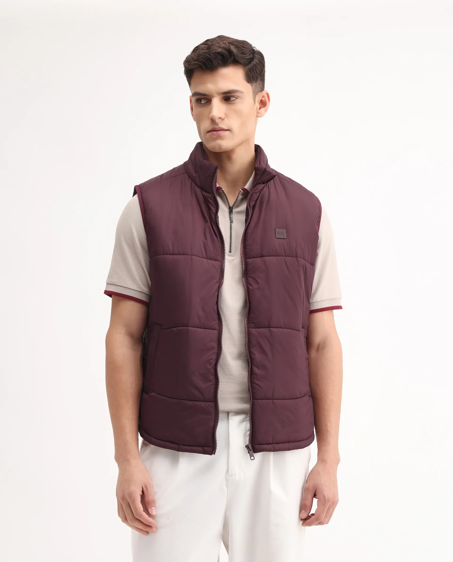 Rare Rabbit Men's Berry-25 Maroon Polyester Plain Regular Fit Sleeveless High Neck Jacket - Image 3