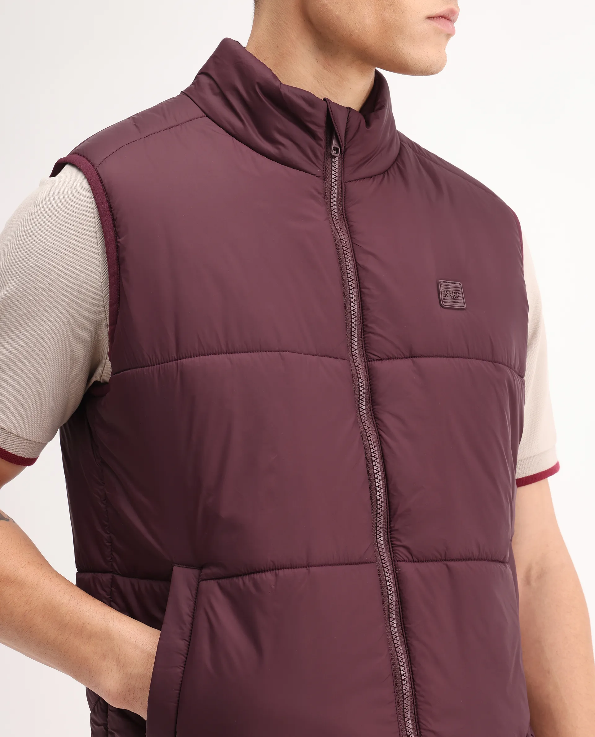 Rare Rabbit Men's Berry-25 Maroon Polyester Plain Regular Fit Sleeveless High Neck Jacket - Image 4