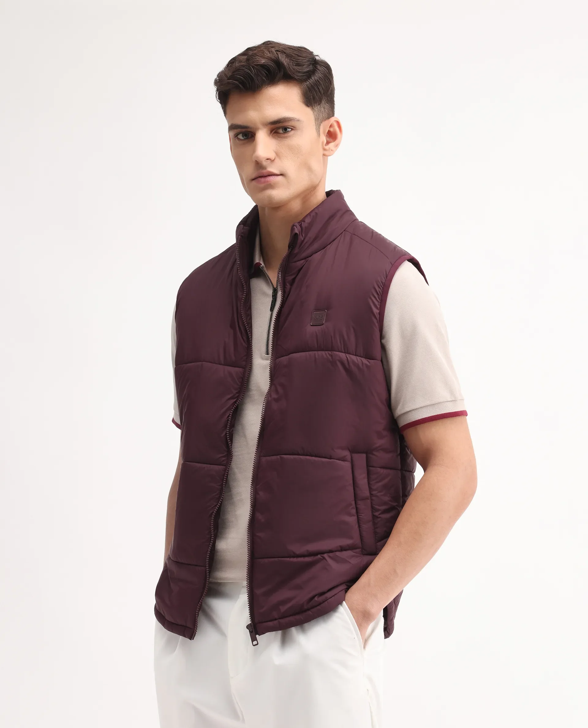 Rare Rabbit Men's Berry-25 Maroon Polyester Plain Regular Fit Sleeveless High Neck Jacket - Image 5