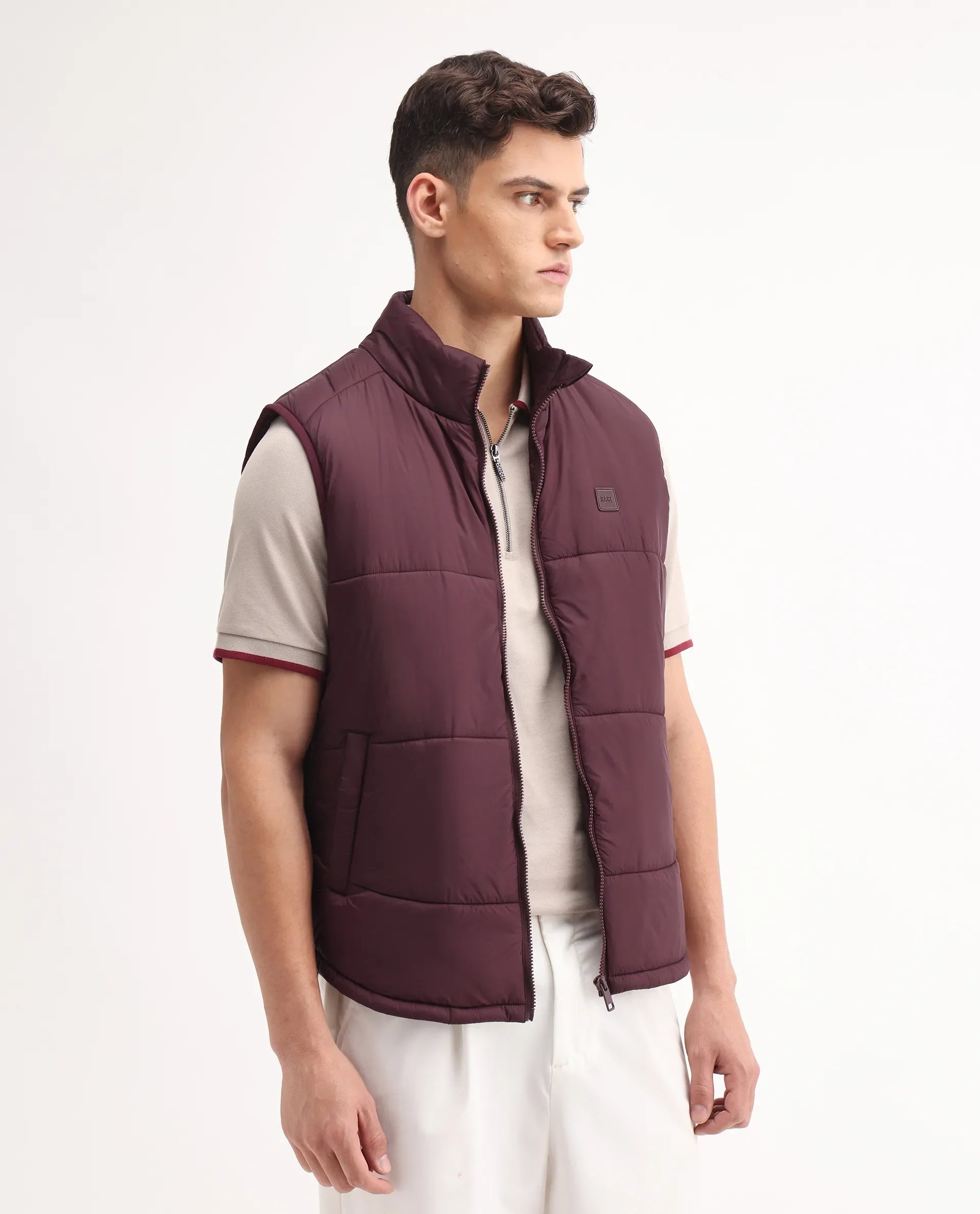 Rare Rabbit Men's Berry-25 Maroon Polyester Plain Regular Fit Sleeveless High Neck Jacket - Image 6