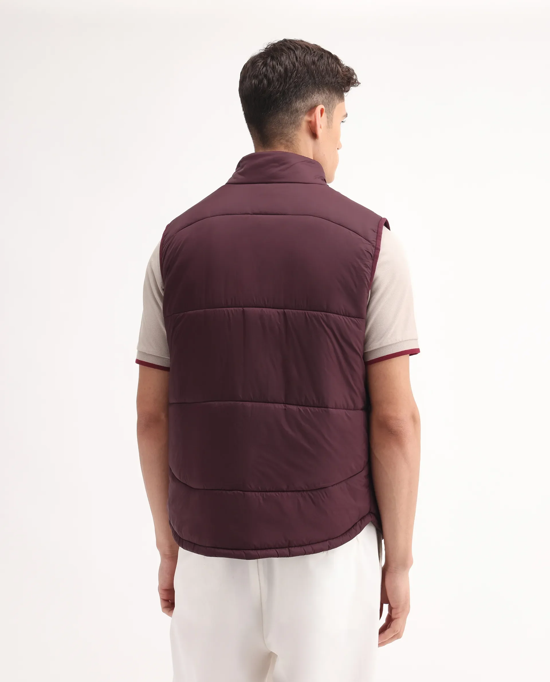 Rare Rabbit Men's Berry-25 Maroon Polyester Plain Regular Fit Sleeveless High Neck Jacket - Image 7