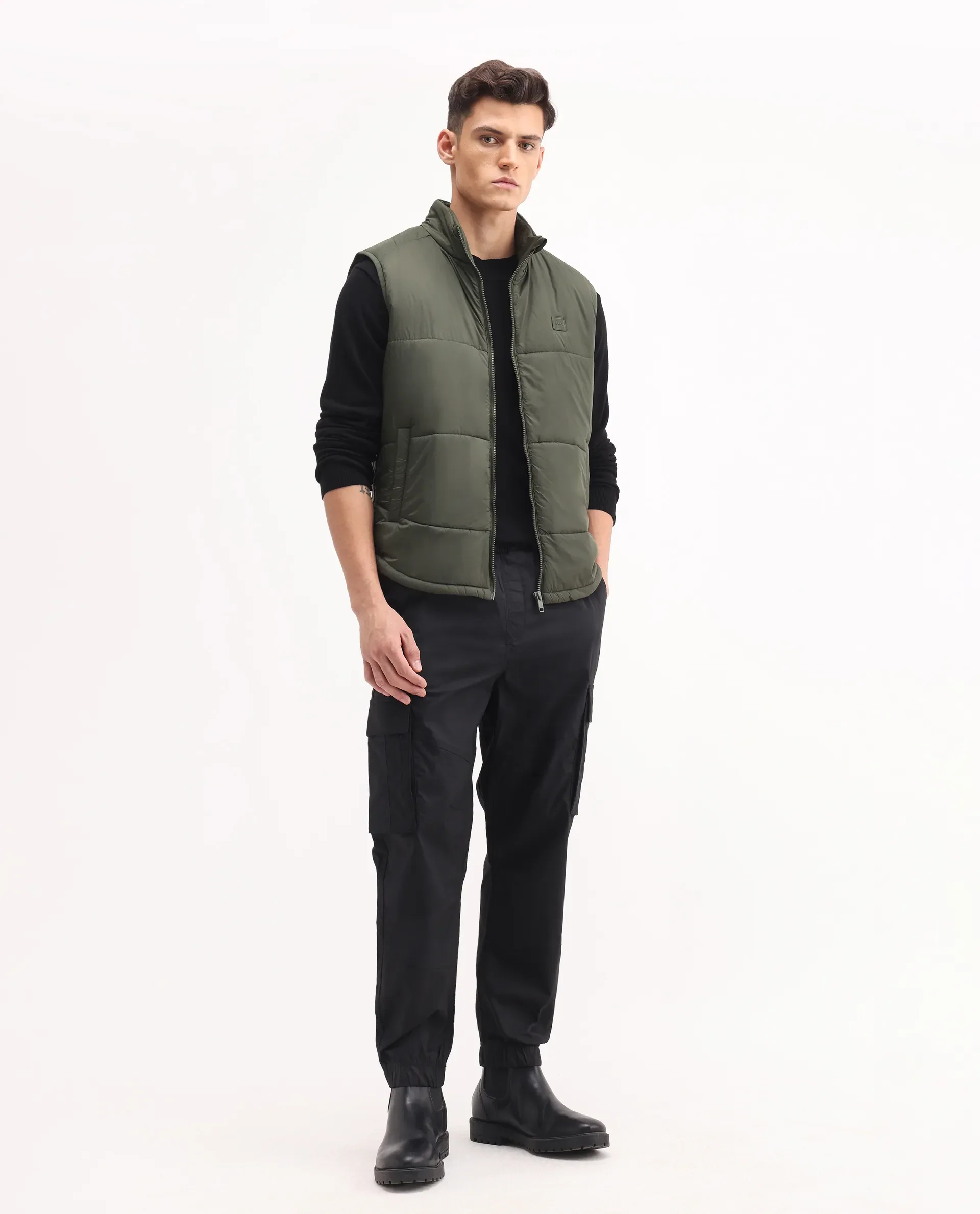 Rare Rabbit Men's Berry-25 Olive Polyester Plain Regular Fit Sleeveless High Neck Jacket - Image 2