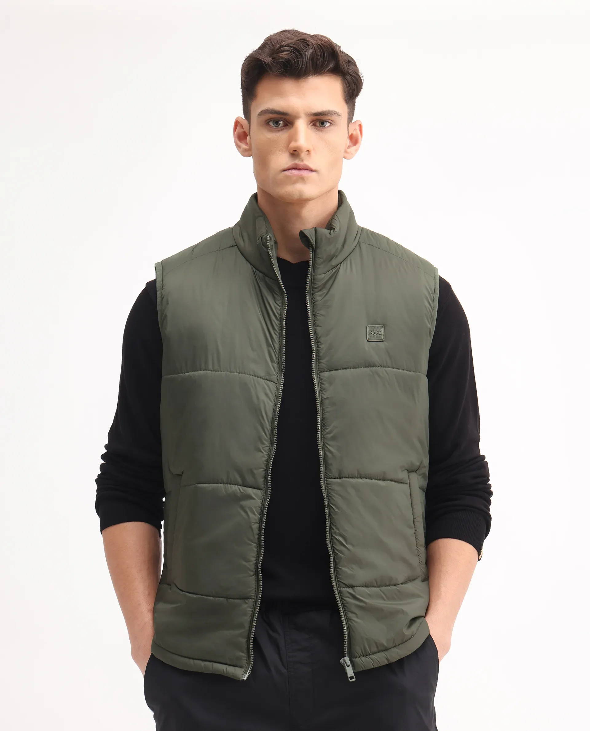 Rare Rabbit Men's Berry-25 Olive Polyester Plain Regular Fit Sleeveless High Neck Jacket - Image 3