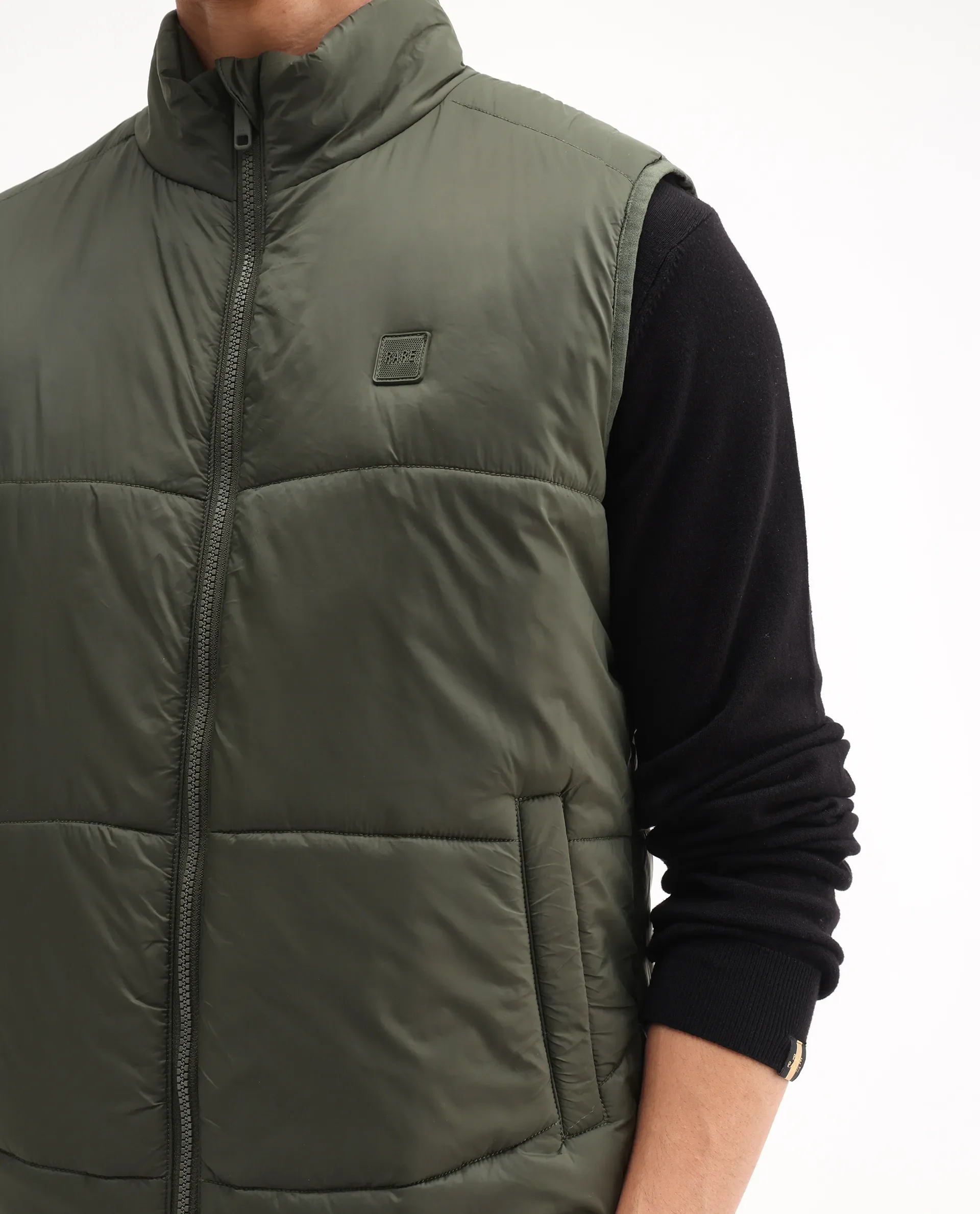 Rare Rabbit Men's Berry-25 Olive Polyester Plain Regular Fit Sleeveless High Neck Jacket - Image 4