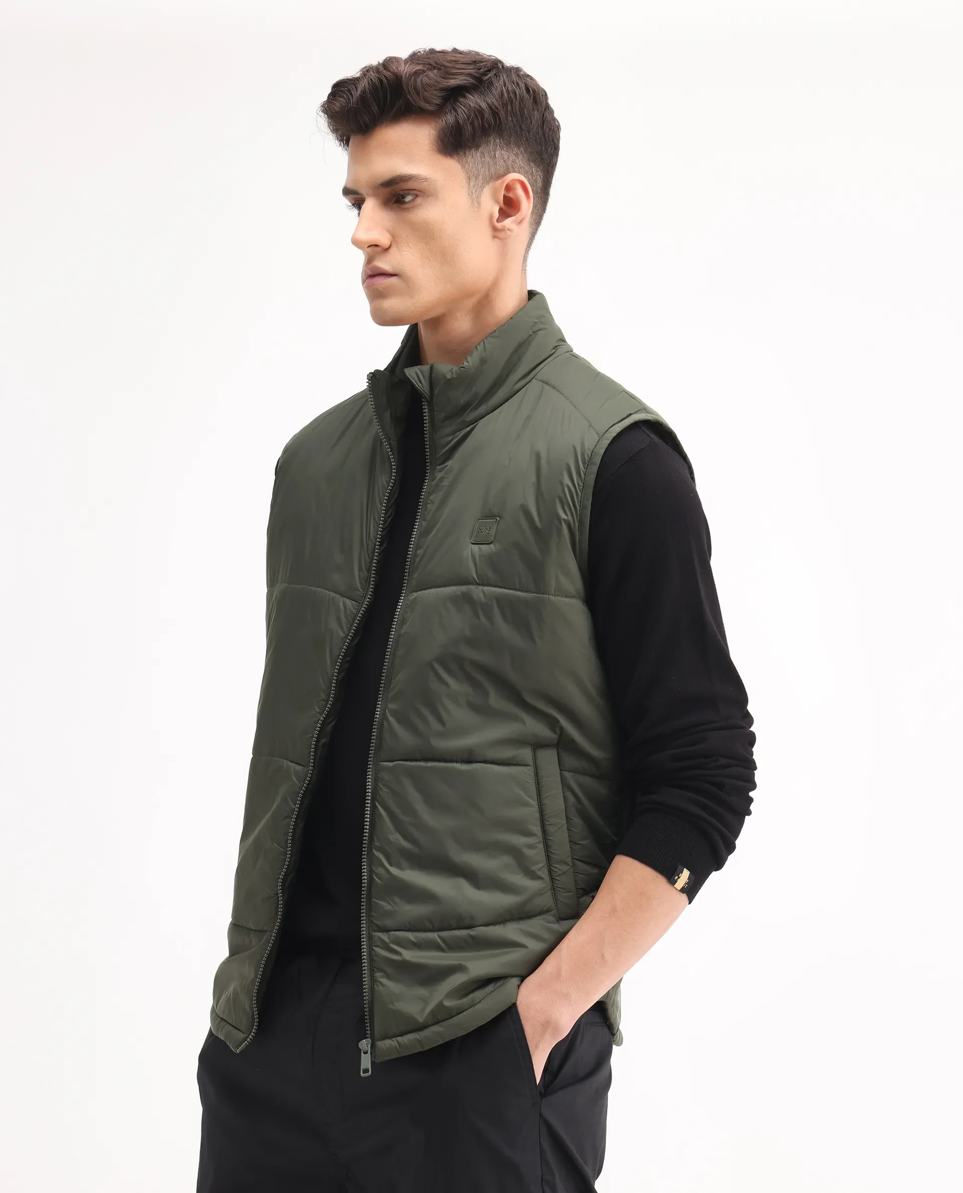 Rare Rabbit Men's Berry-25 Olive Polyester Plain Regular Fit Sleeveless High Neck Jacket - Image 5