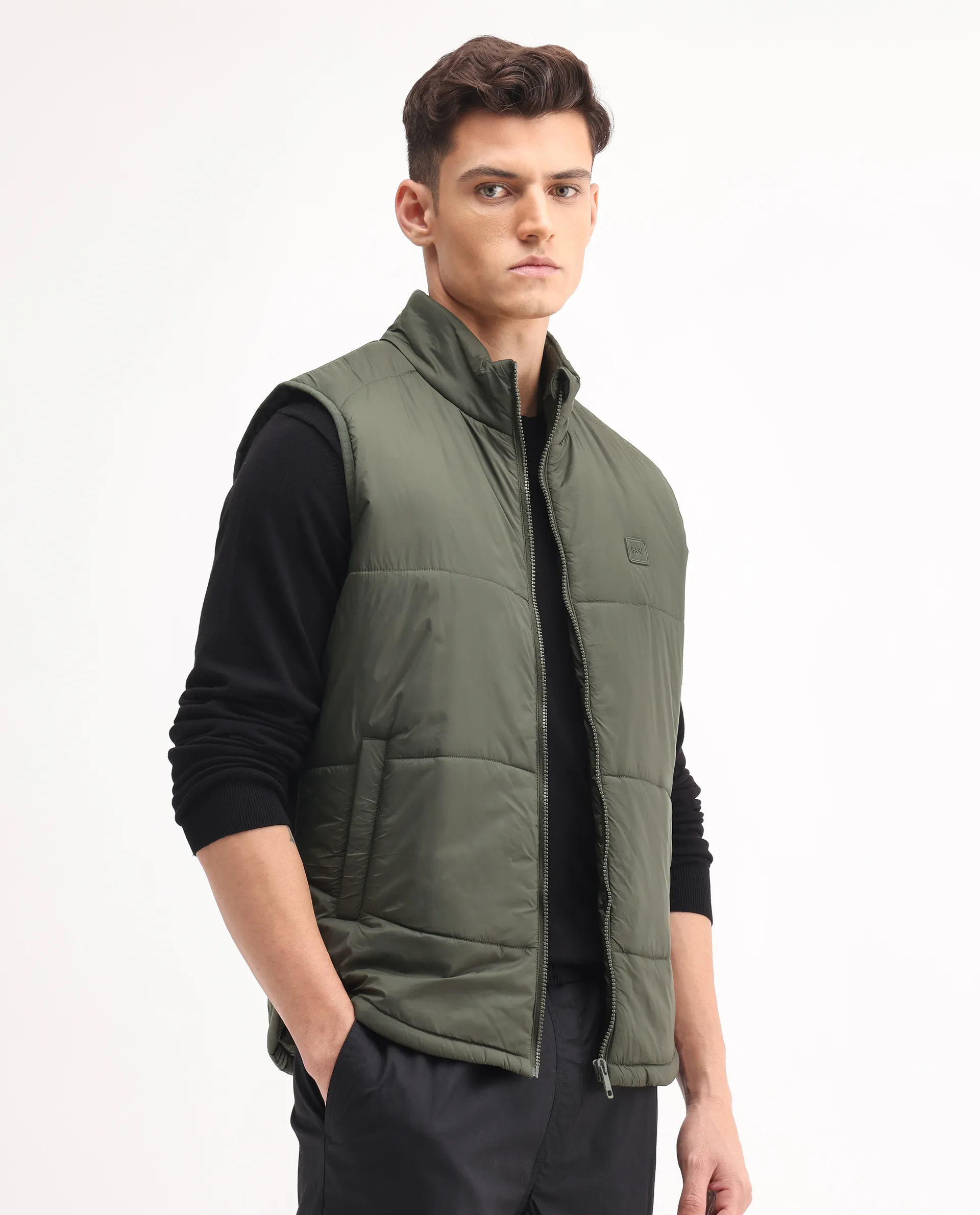Rare Rabbit Men's Berry-25 Olive Polyester Plain Regular Fit Sleeveless High Neck Jacket - Image 6