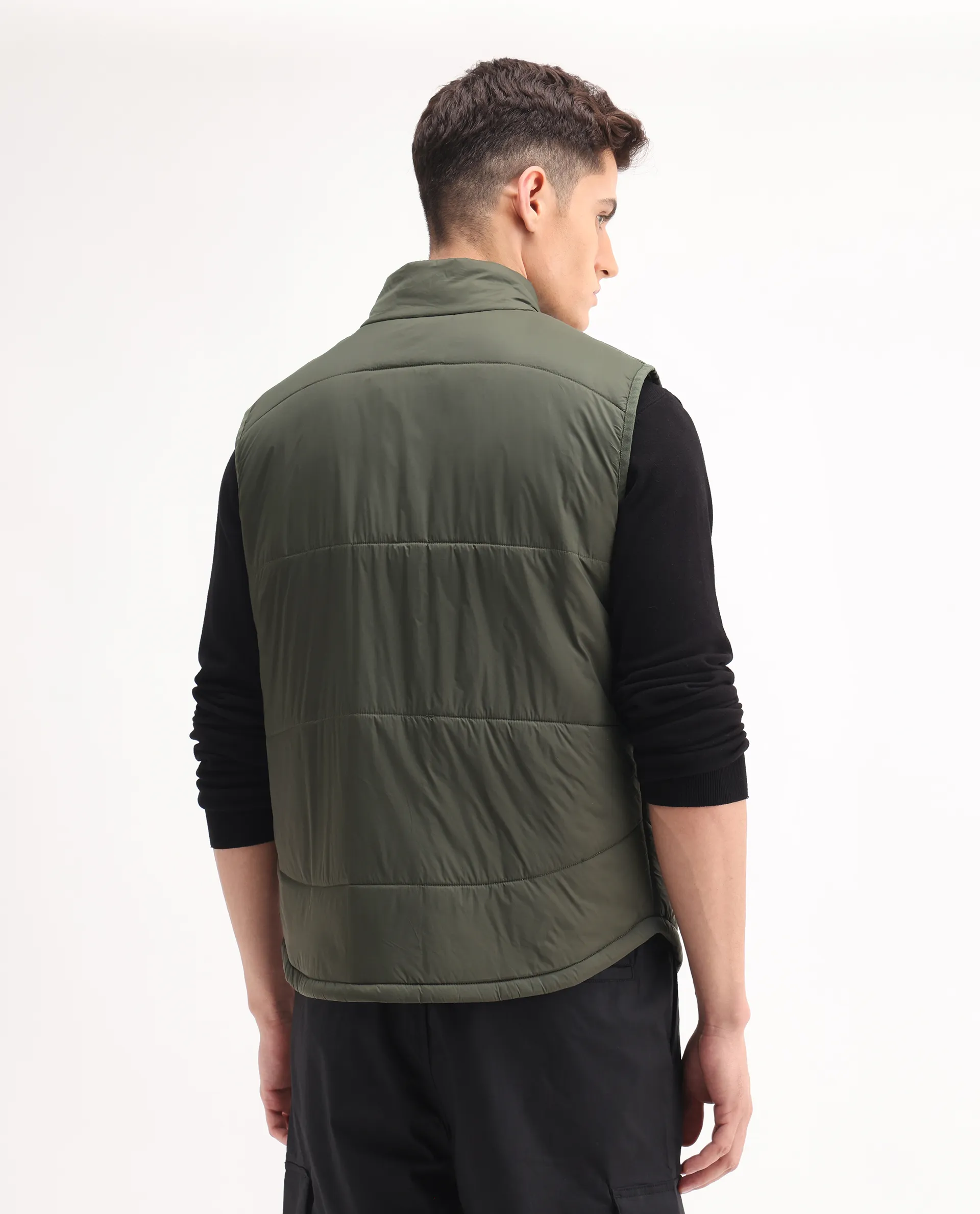 Rare Rabbit Men's Berry-25 Olive Polyester Plain Regular Fit Sleeveless High Neck Jacket - Image 7