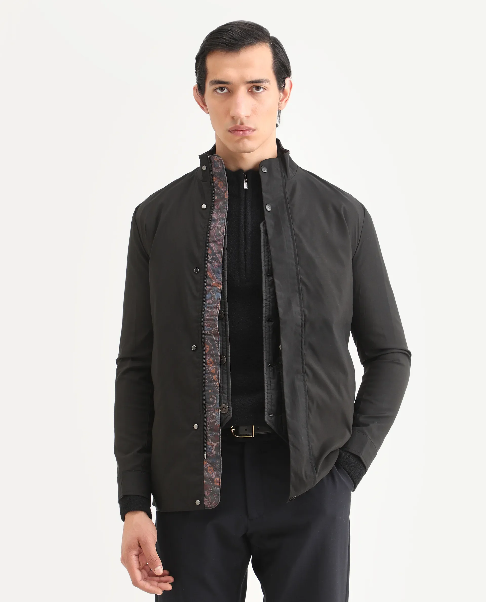 Rare Rabbit Men's Berry Black Polyester Plain Regular Fit Full Sleeve High Neck Jacket - Image 3