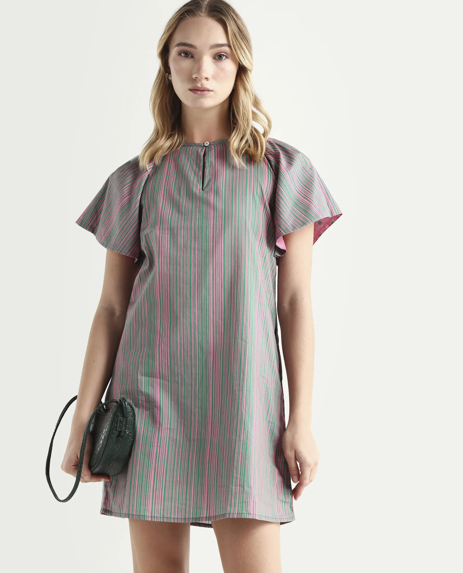 Rareism Women's Berta Pink Cotton Key Hole Neck Striped Ruffled Sleeve Mini Flared Dress - Image 2