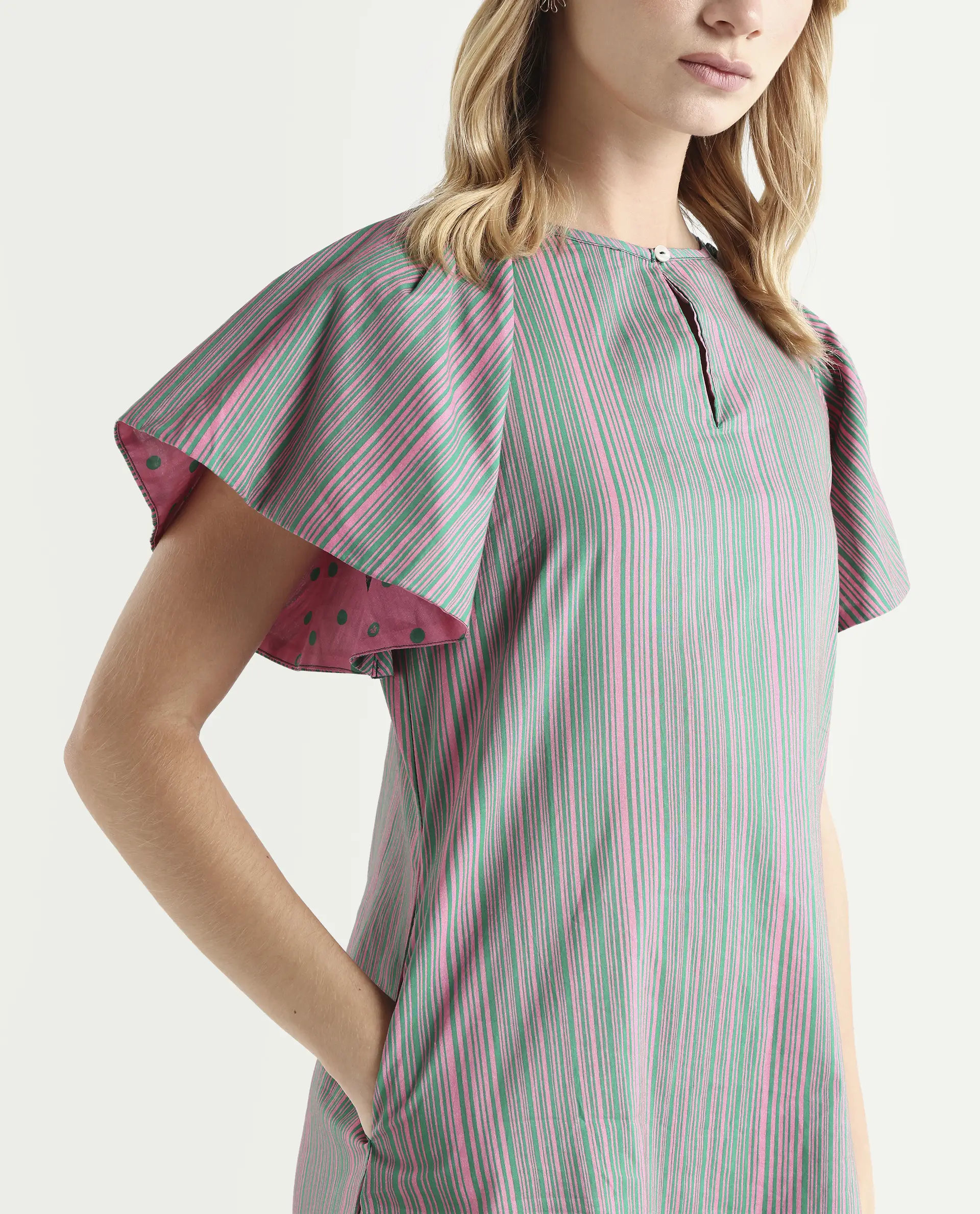 Rareism Women's Berta Pink Cotton Key Hole Neck Striped Ruffled Sleeve Mini Flared Dress - Image 3