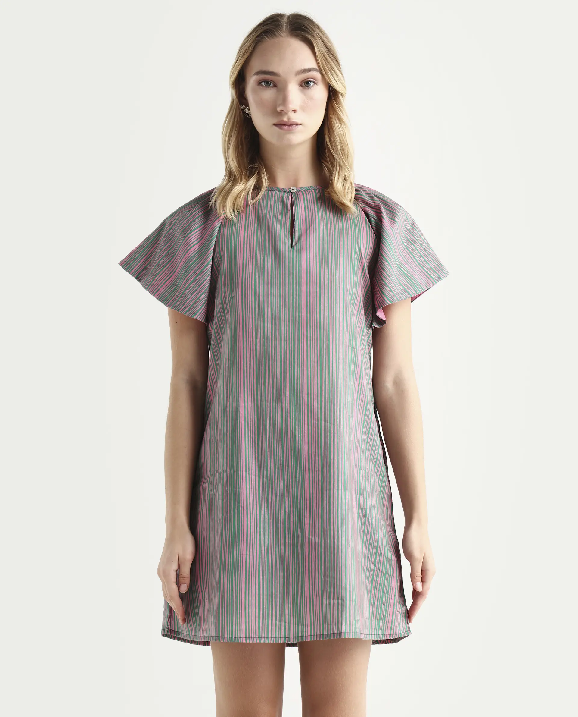 Rareism Women's Berta Pink Cotton Key Hole Neck Striped Ruffled Sleeve Mini Flared Dress - Image 4