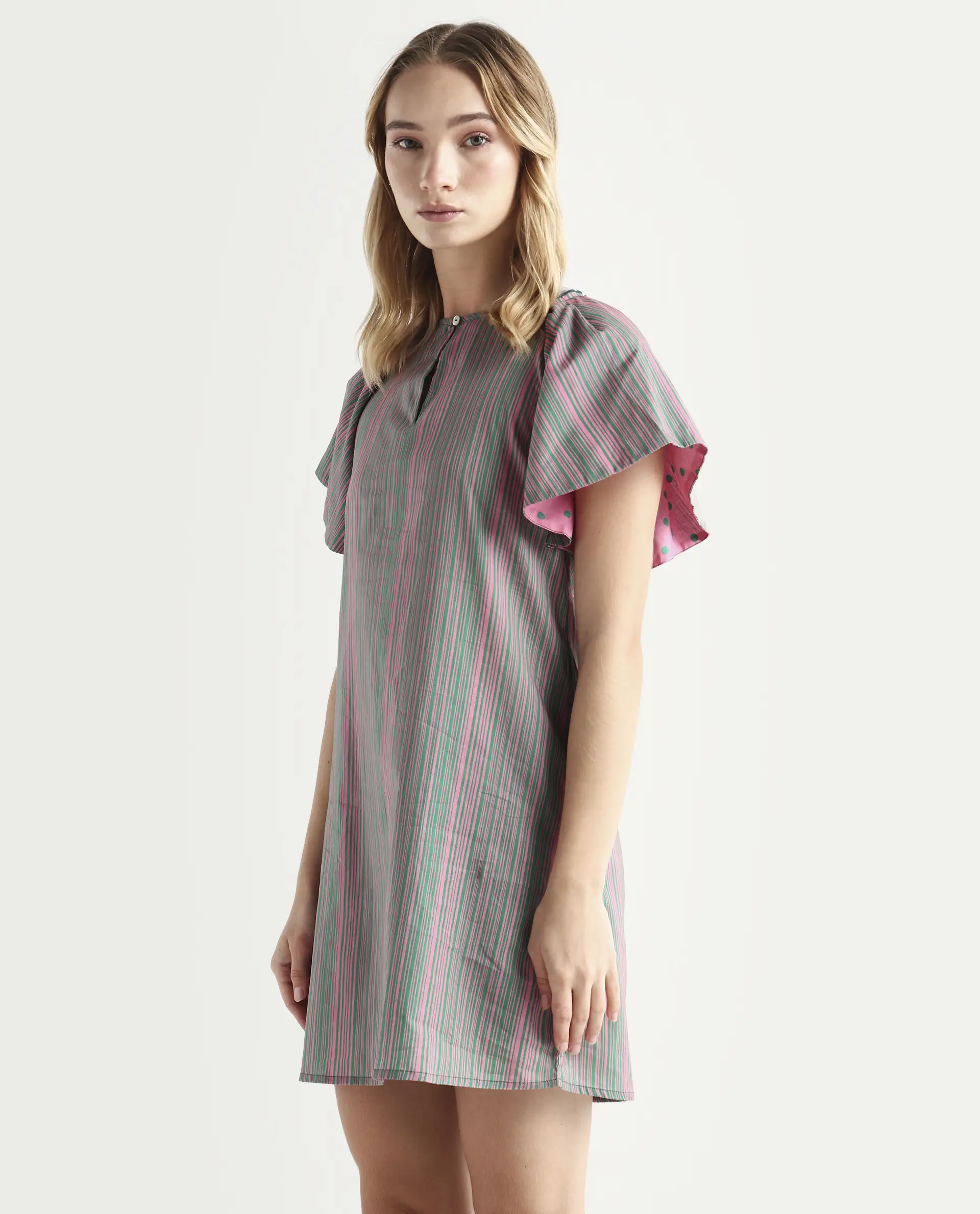Rareism Women's Berta Pink Cotton Key Hole Neck Striped Ruffled Sleeve Mini Flared Dress - Image 5