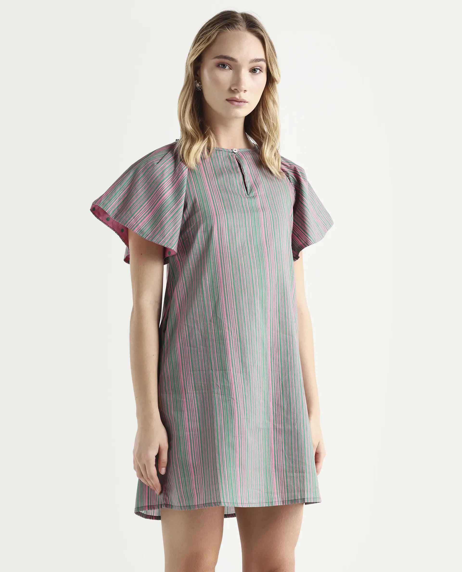Rareism Women's Berta Pink Cotton Key Hole Neck Striped Ruffled Sleeve Mini Flared Dress - Image 6