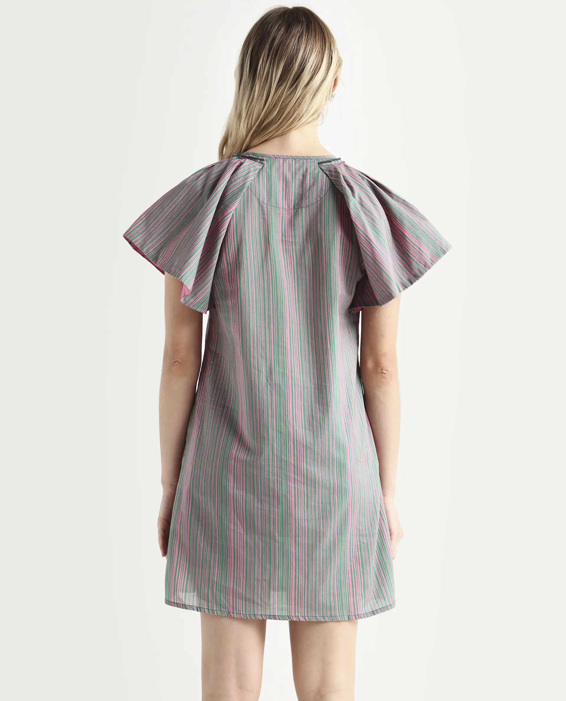 Rareism Women's Berta Pink Cotton Key Hole Neck Striped Ruffled Sleeve Mini Flared Dress - Image 7
