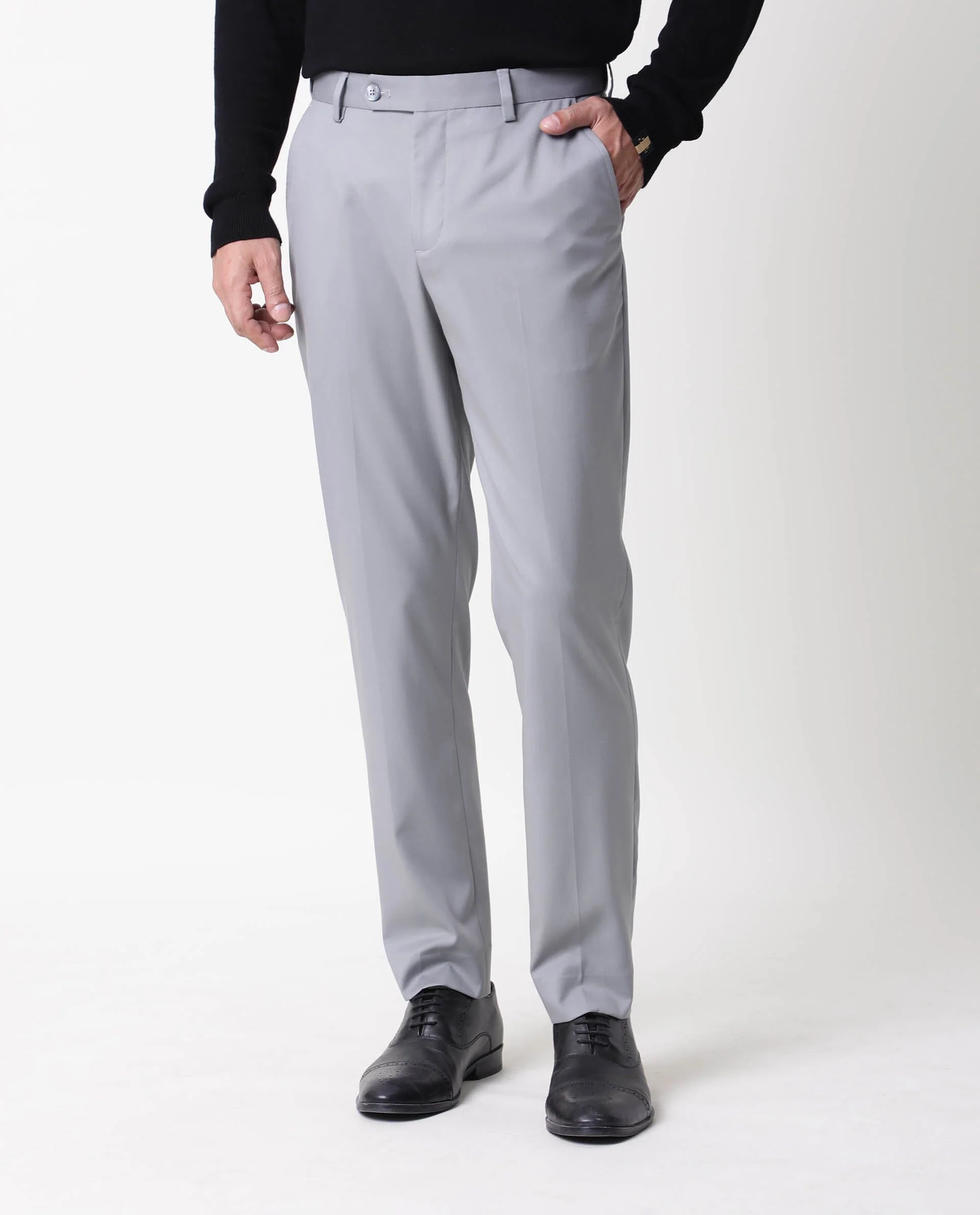 Rare Rabbit Men's Berz Grey Plain Regular Fit Trouser - Image 2
