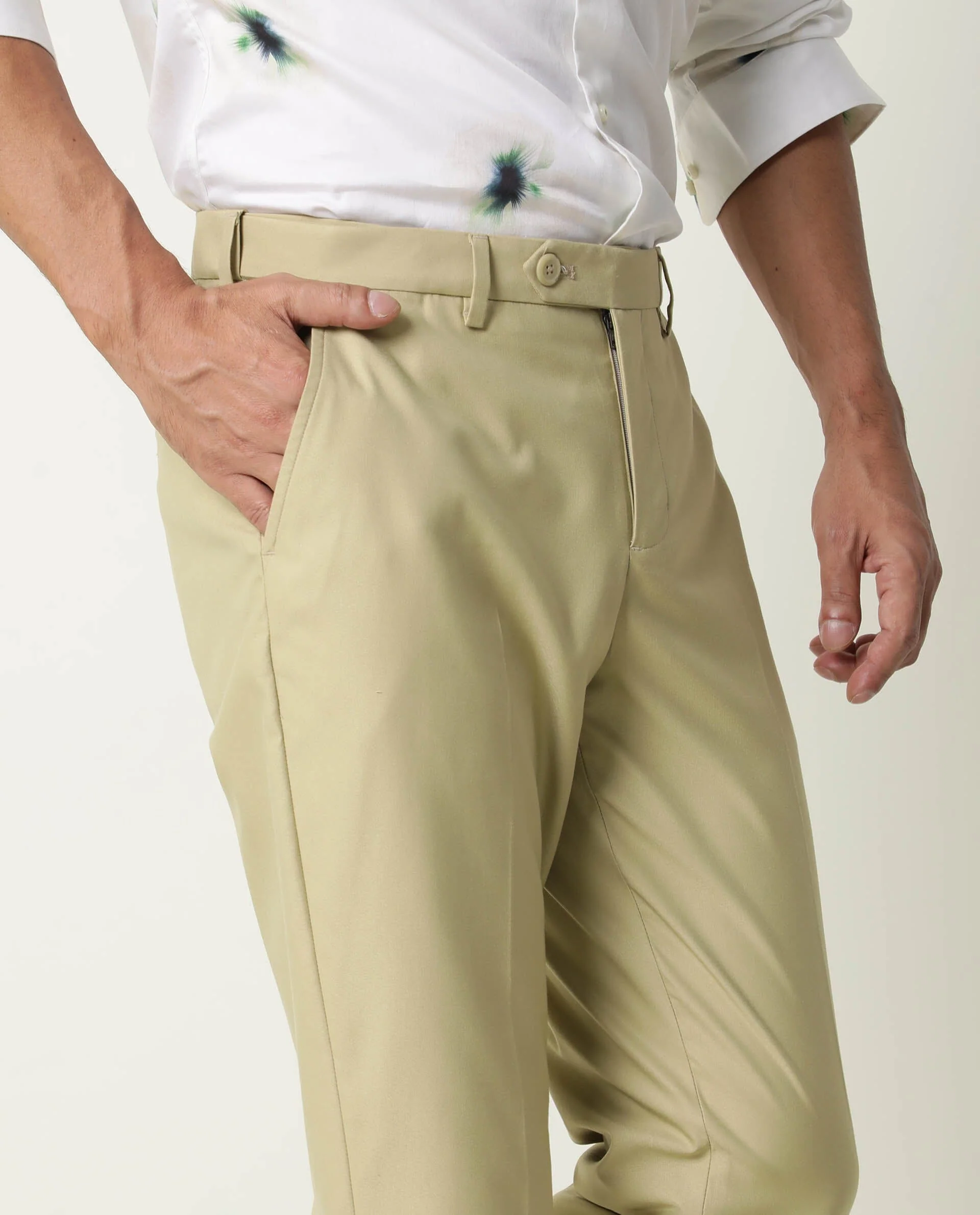 Rare Rabbit Men's Berz Pastel Green Plain Regular Fit Trouser - Image 6