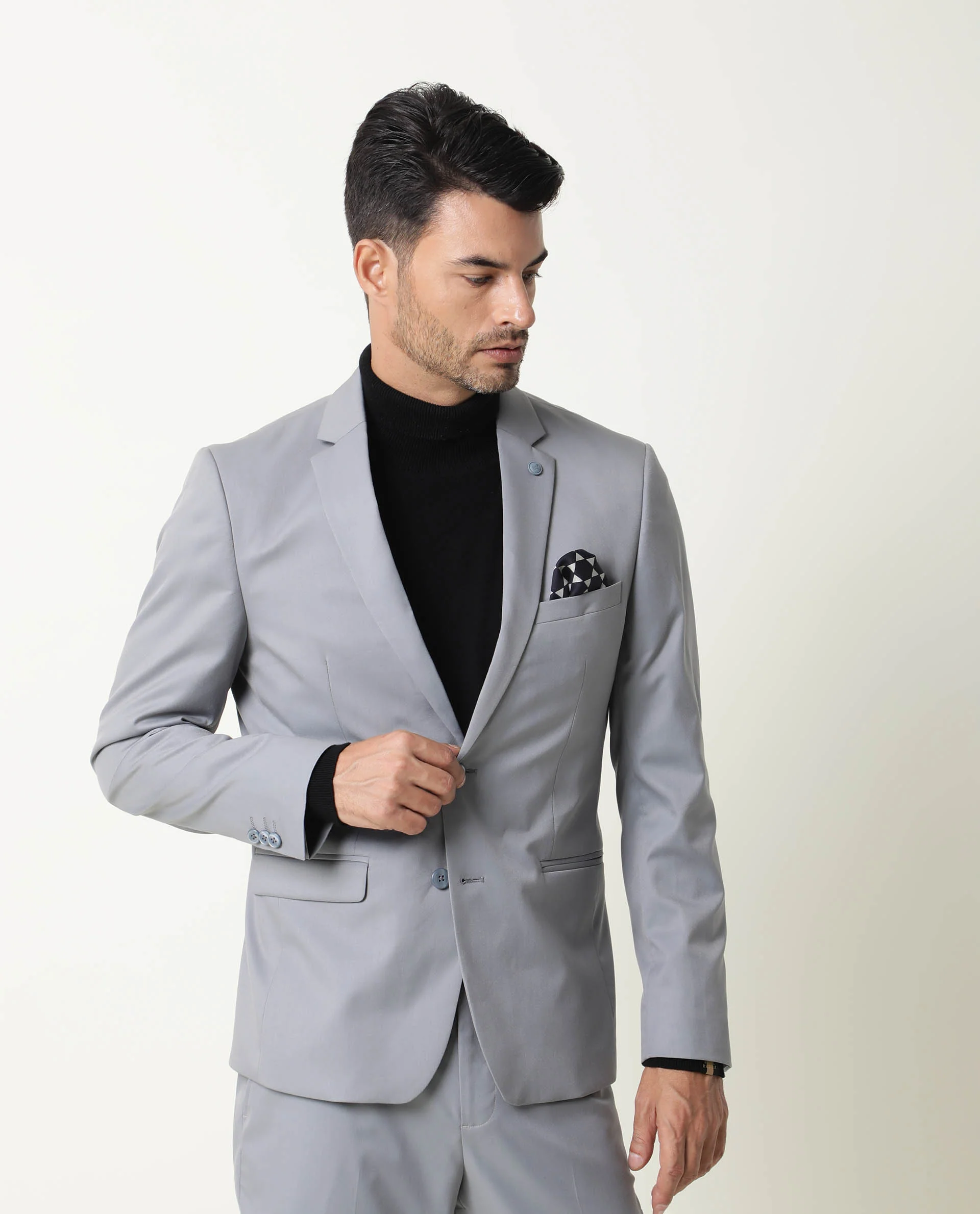 Rare Rabbit Men's Berzu Grey Plain Tailored Fit Full Sleeve Lapel Neck Blazer - Image 4