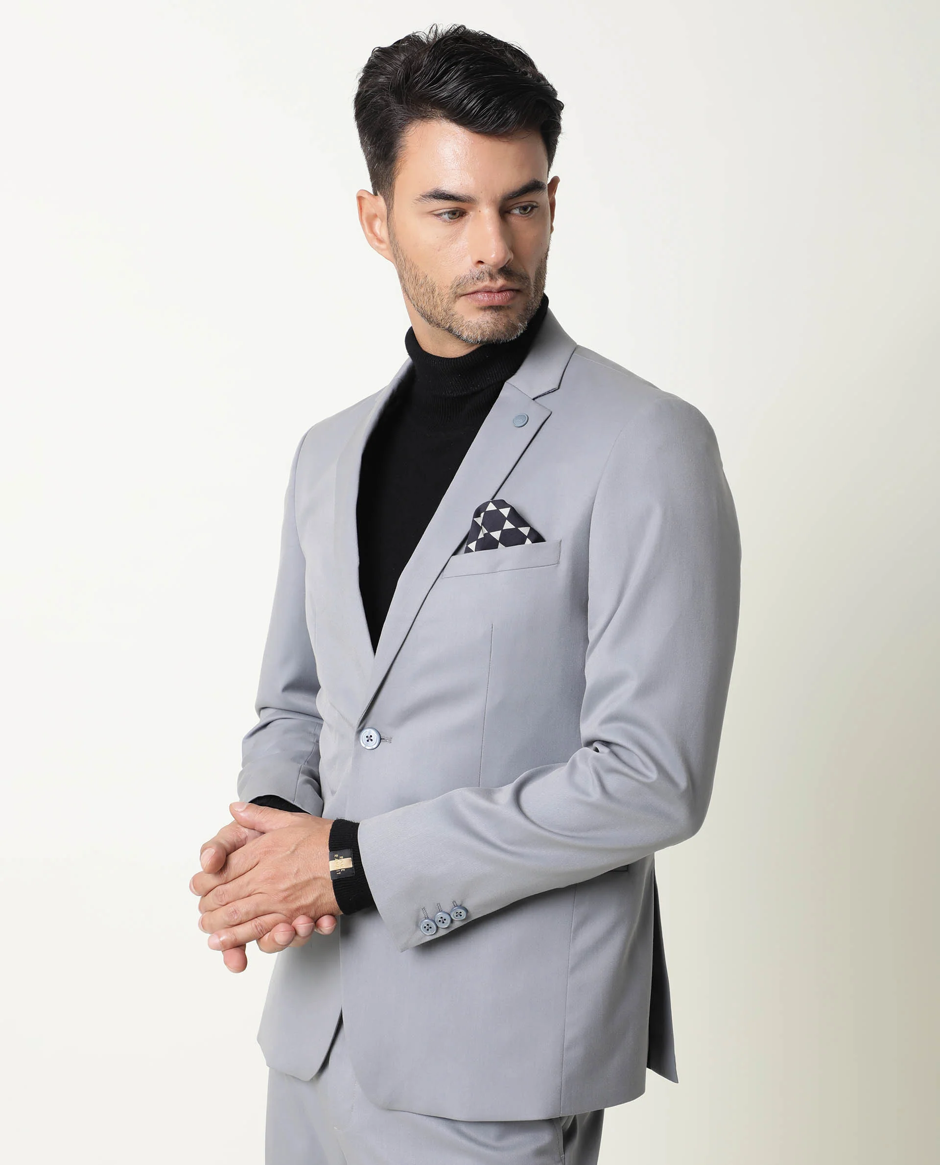 Rare Rabbit Men's Berzu Grey Plain Tailored Fit Full Sleeve Lapel Neck Blazer - Image 5