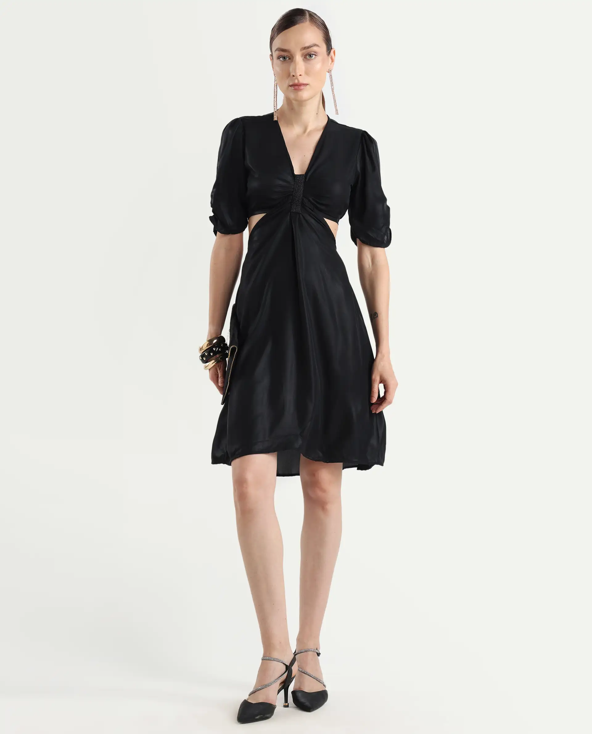 Rareism Women's Besman Black Polyester V-Neck Plain Balloon Sleeve Knee Length Fit And Flare Dress