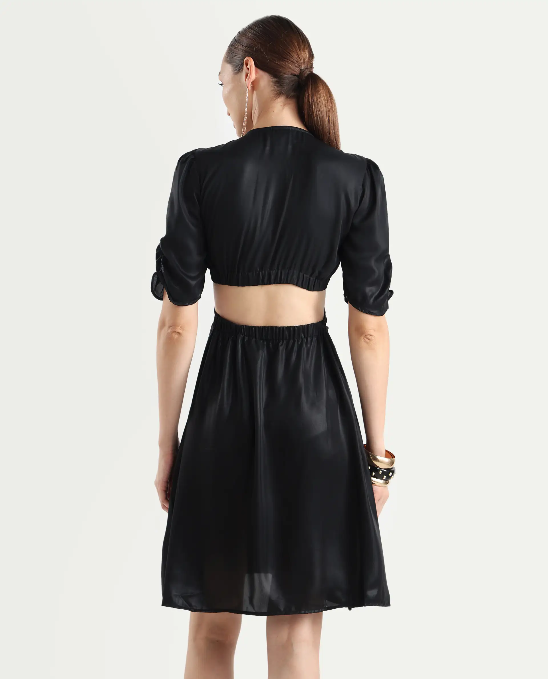 Rareism Women's Besman Black Polyester V-Neck Plain Balloon Sleeve Knee Length Fit And Flare Dress - Image 8