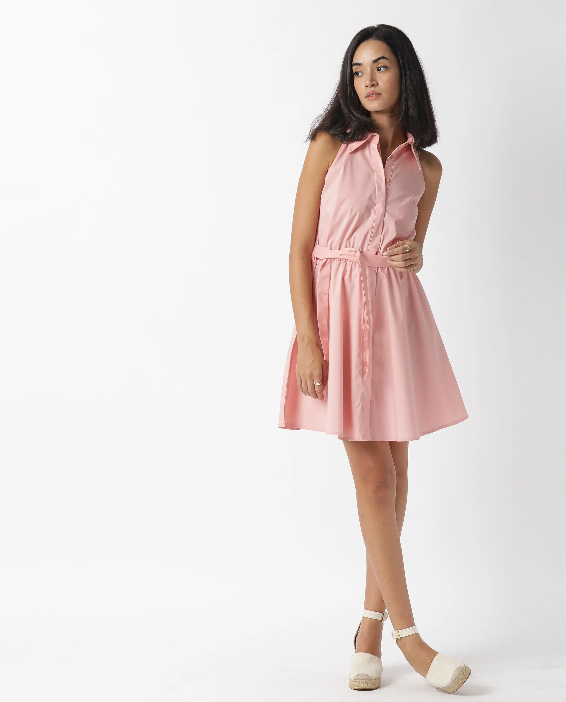 Rareism Women's Bessie Peach Spread Collar Plain Sleeveless Knee Length Regular Fit Dress - Image 2