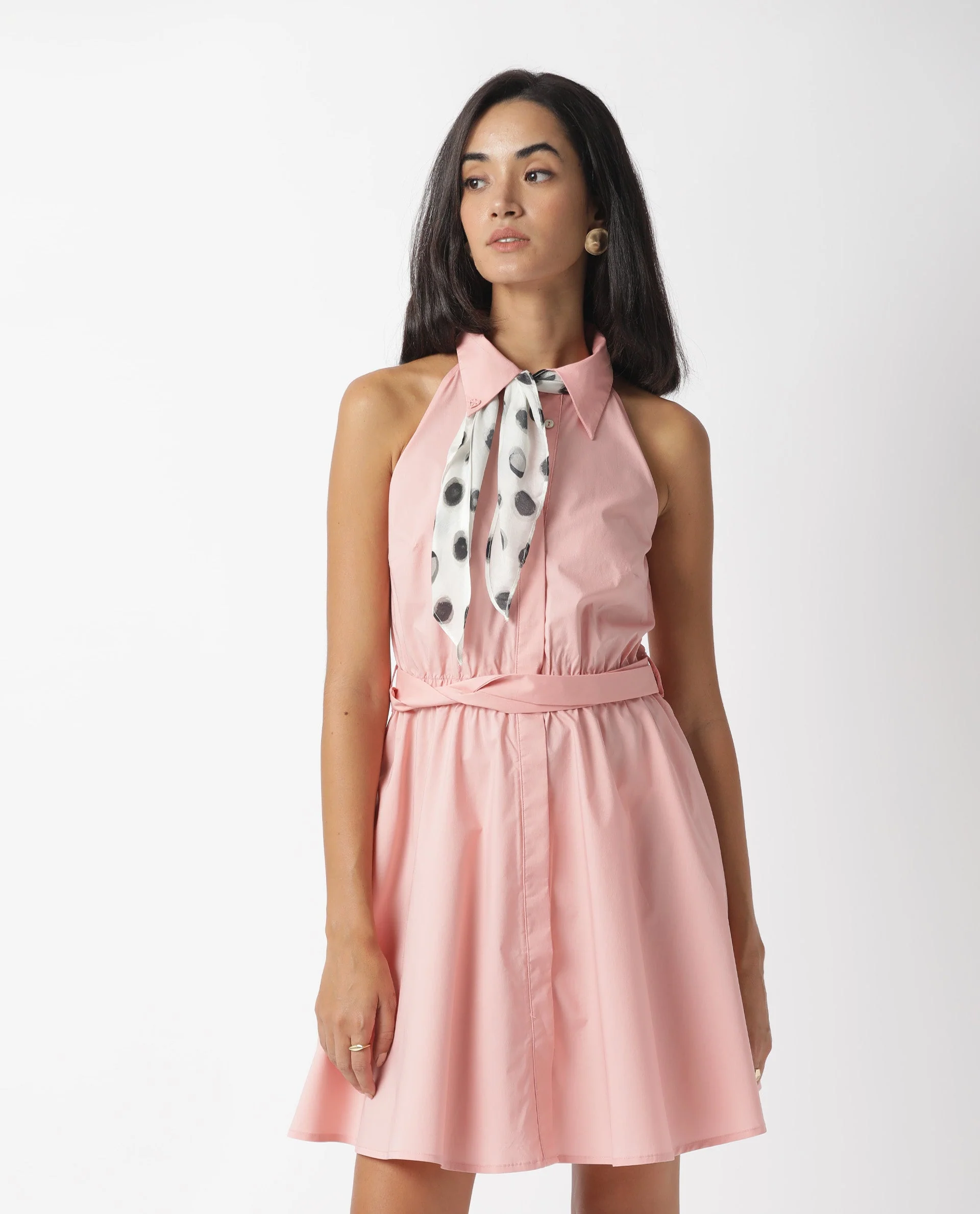 Rareism Women's Bessie Peach Spread Collar Plain Sleeveless Knee Length Regular Fit Dress - Image 5