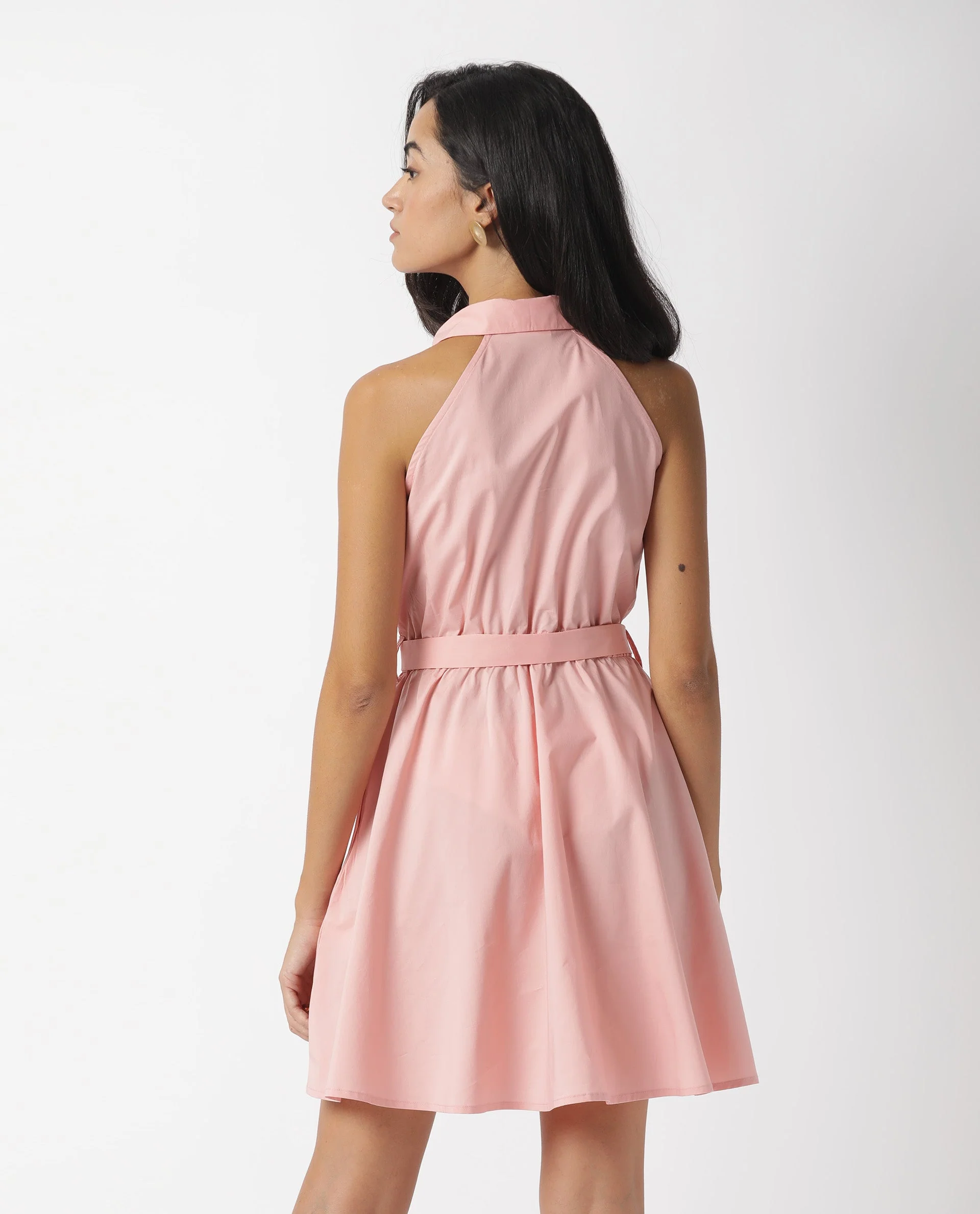 Rareism Women's Bessie Peach Spread Collar Plain Sleeveless Knee Length Regular Fit Dress - Image 7