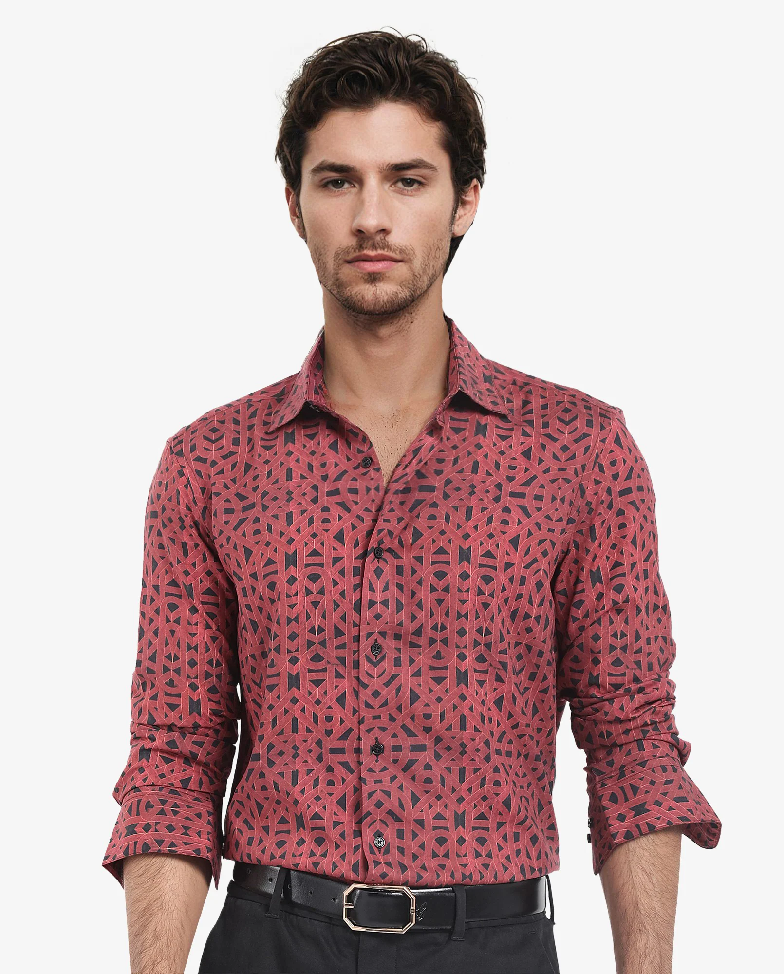 Rare Rabbit Men's Betel Dark Red Viscose Geometric Print Regular Fit Full Sleeve Collared Shirt