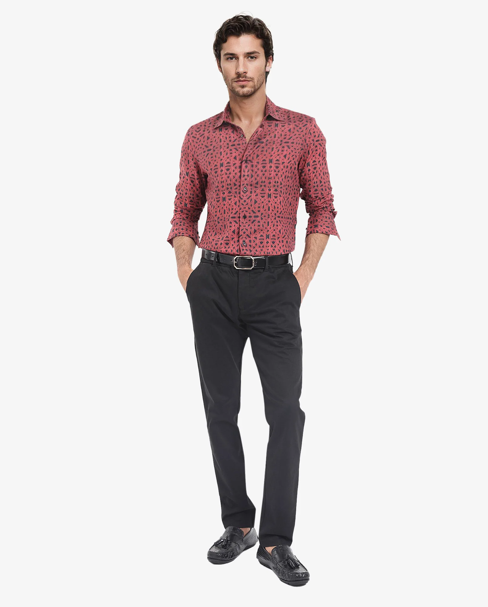 Rare Rabbit Men's Betel Dark Red Viscose Geometric Print Regular Fit Full Sleeve Collared Shirt - Image 2