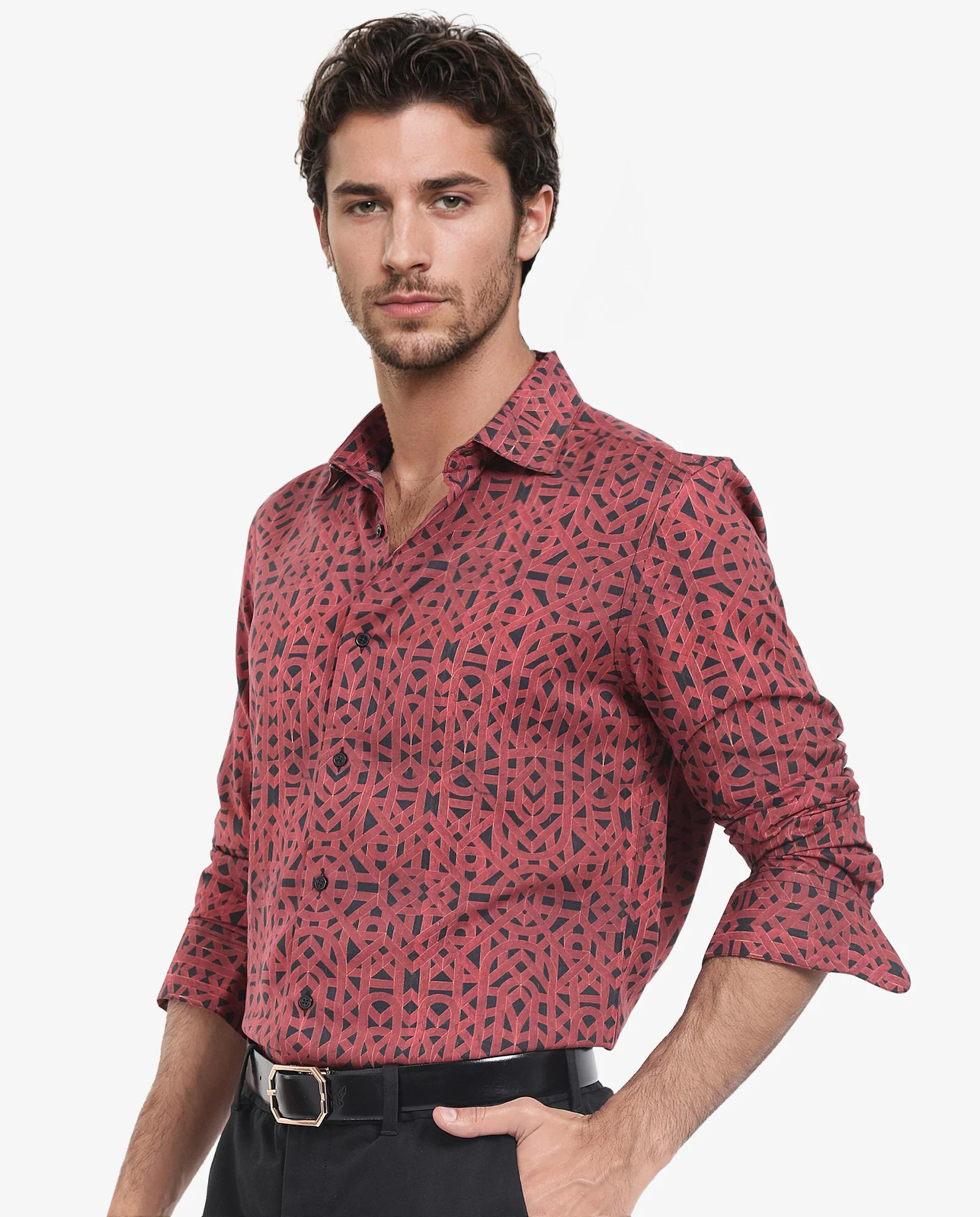 Rare Rabbit Men's Betel Dark Red Viscose Geometric Print Regular Fit Full Sleeve Collared Shirt - Image 3