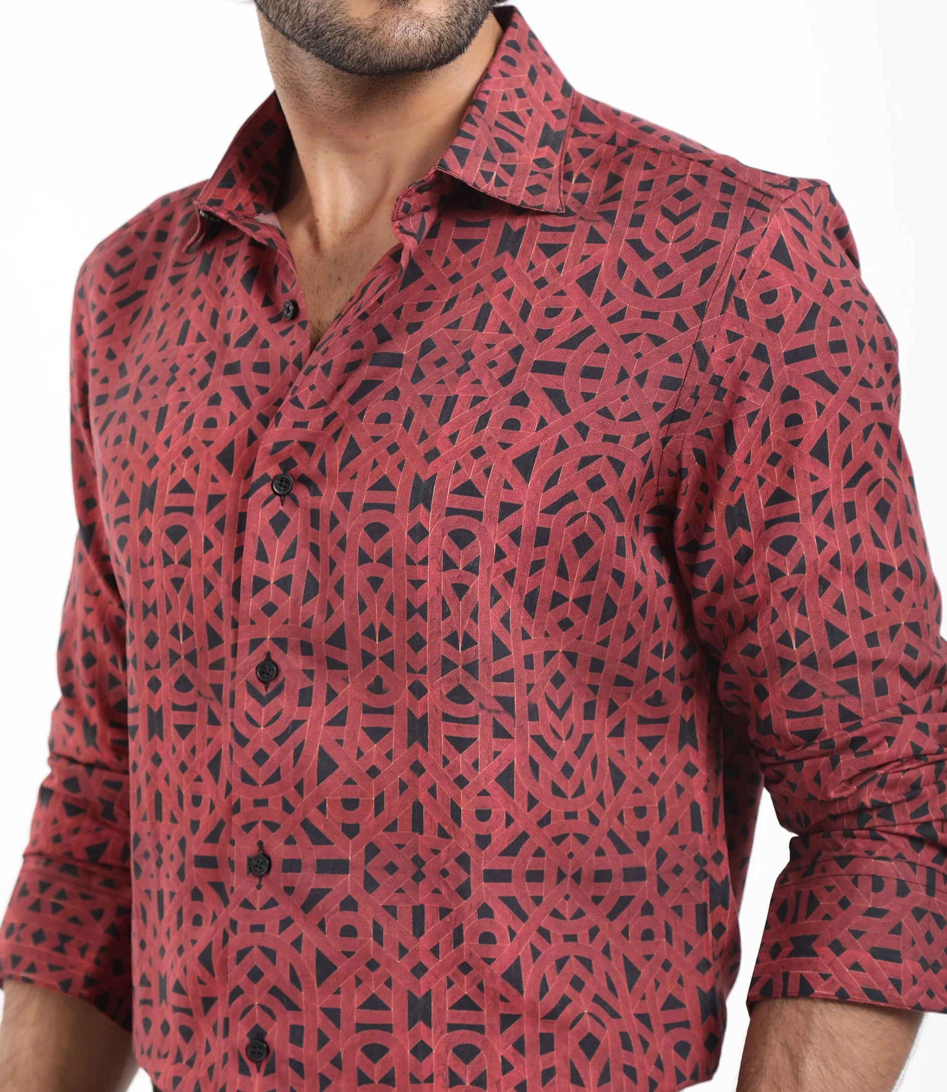 Rare Rabbit Men's Betel Dark Red Viscose Geometric Print Regular Fit Full Sleeve Collared Shirt - Image 4