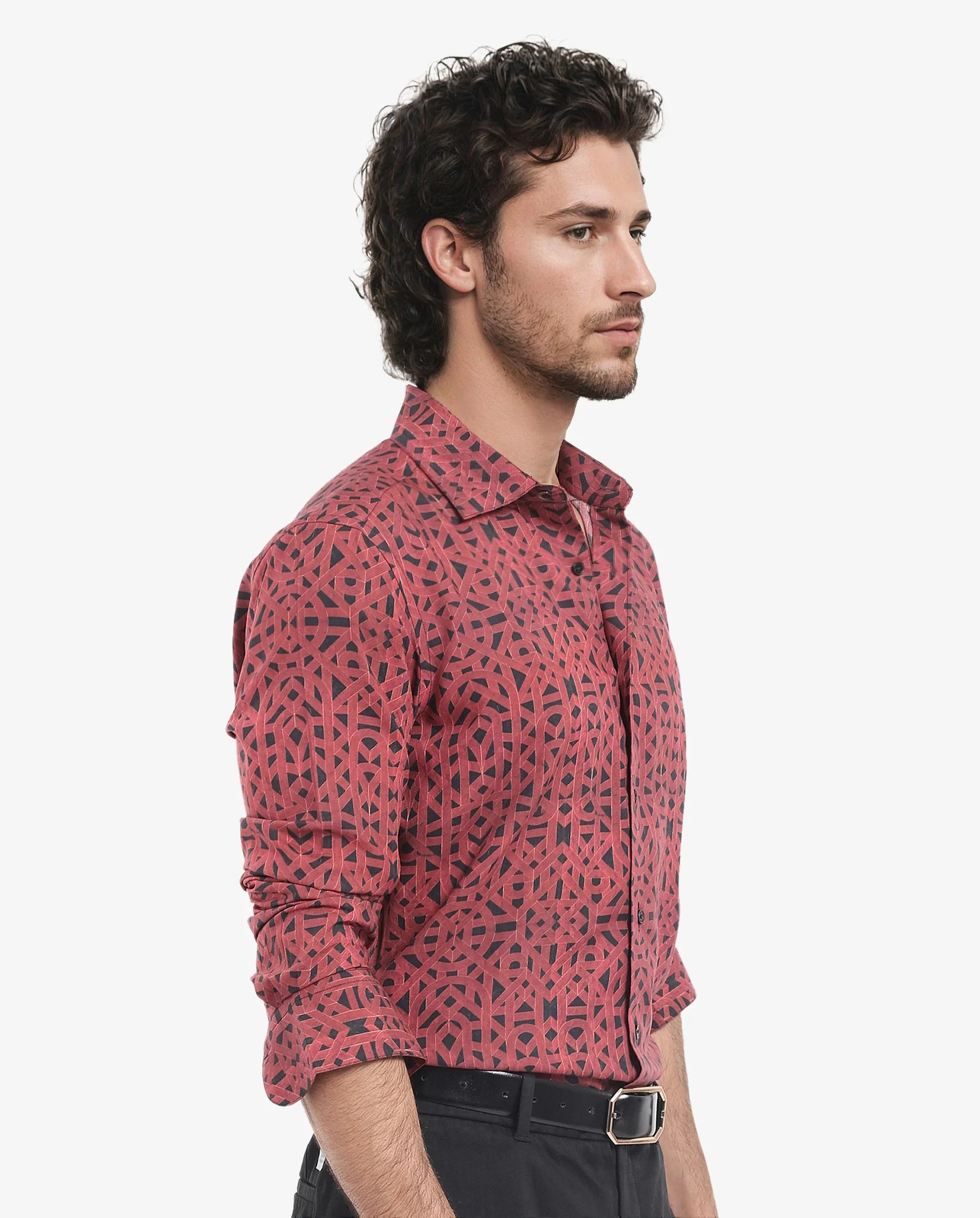 Rare Rabbit Men's Betel Dark Red Viscose Geometric Print Regular Fit Full Sleeve Collared Shirt - Image 5