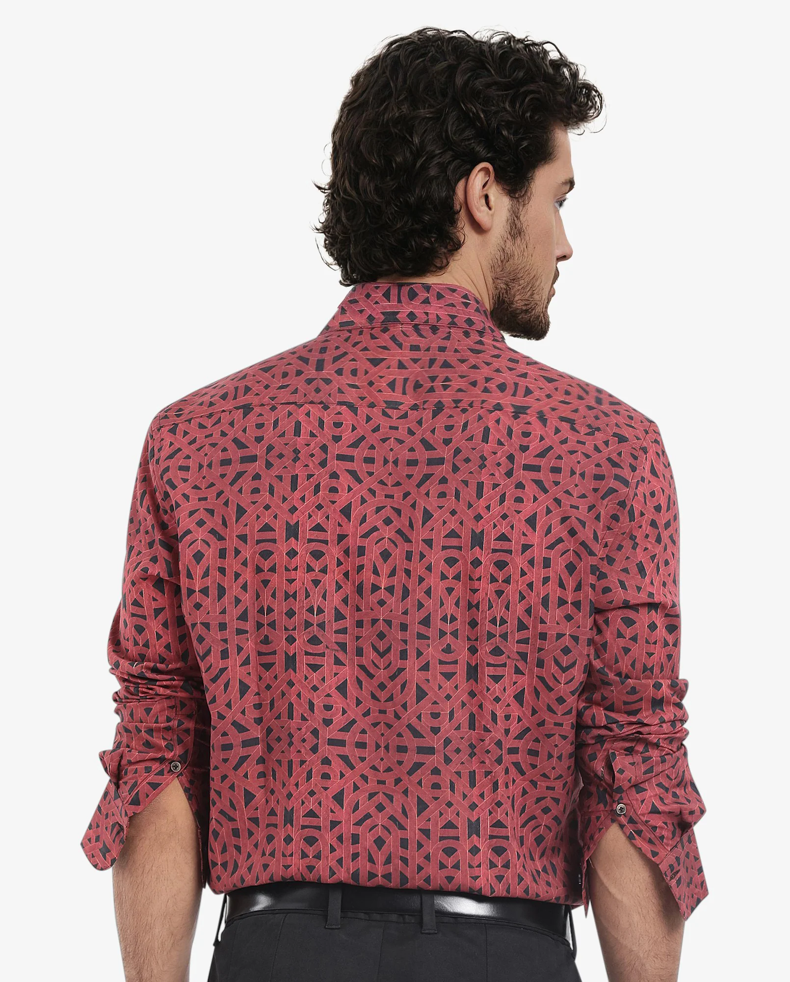 Rare Rabbit Men's Betel Dark Red Viscose Geometric Print Regular Fit Full Sleeve Collared Shirt - Image 6