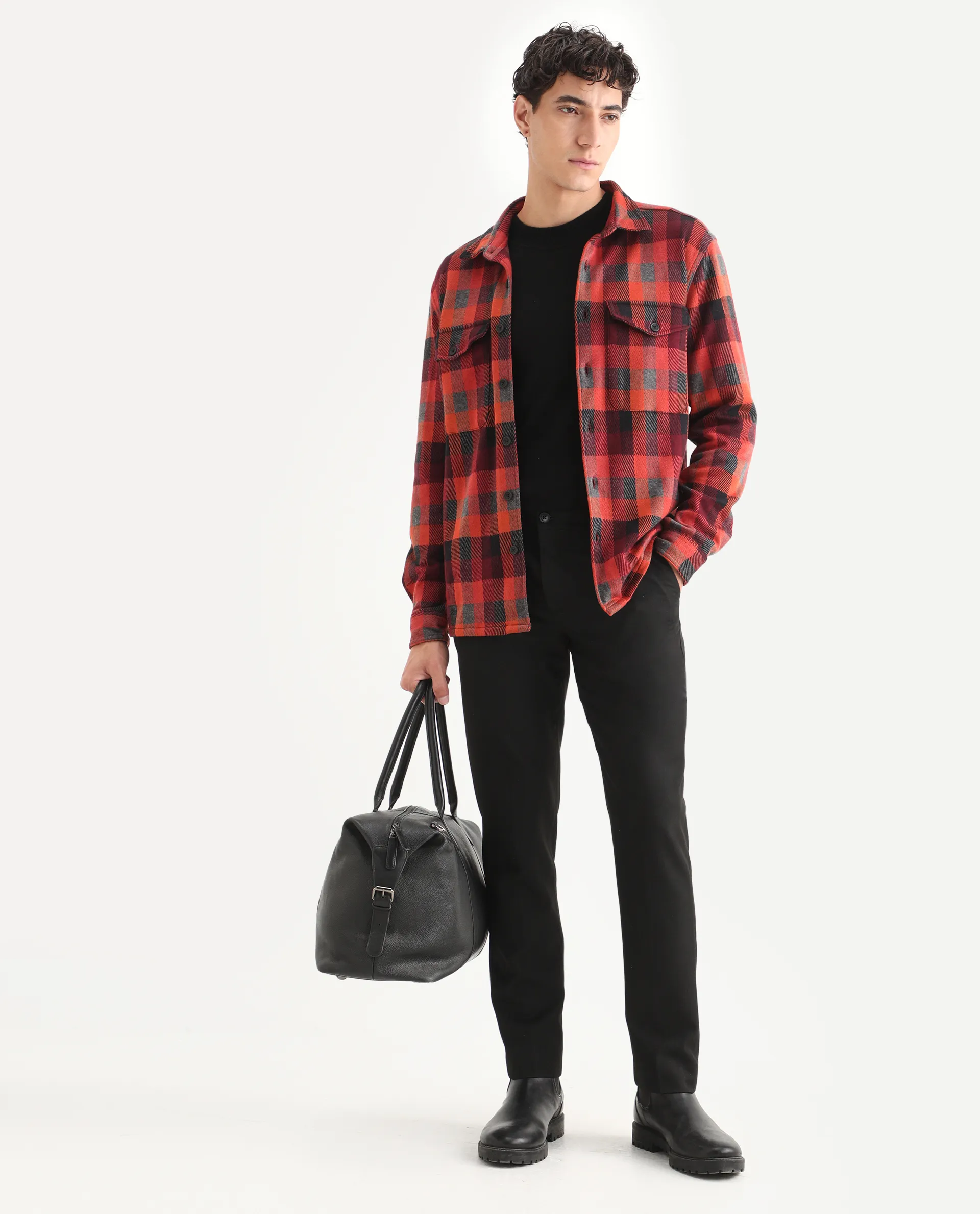 Rare Rabbit Men's Beteta Rust Cotton Checked Print Relaxed Fit Full Sleeve Collared Shacket - Image 2