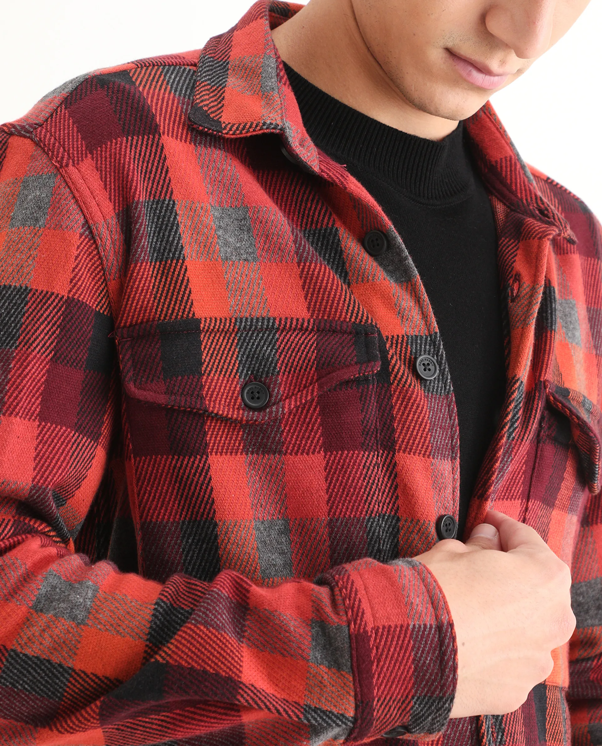 Rare Rabbit Men's Beteta Rust Cotton Checked Print Relaxed Fit Full Sleeve Collared Shacket - Image 3