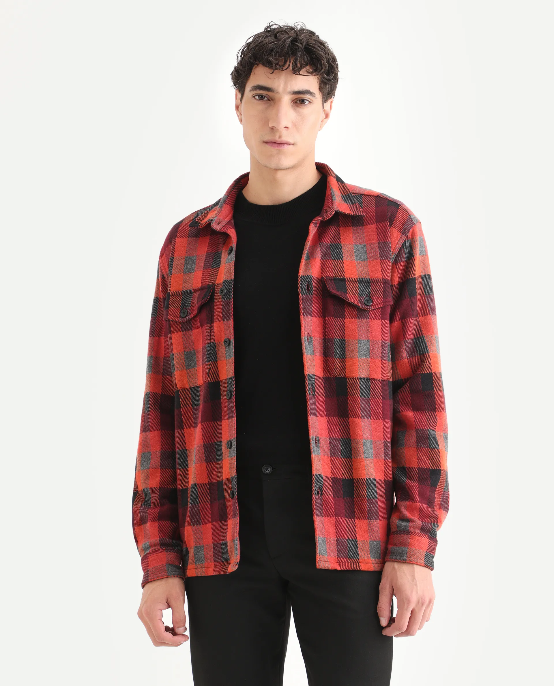 Rare Rabbit Men's Beteta Rust Cotton Checked Print Relaxed Fit Full Sleeve Collared Shacket - Image 4