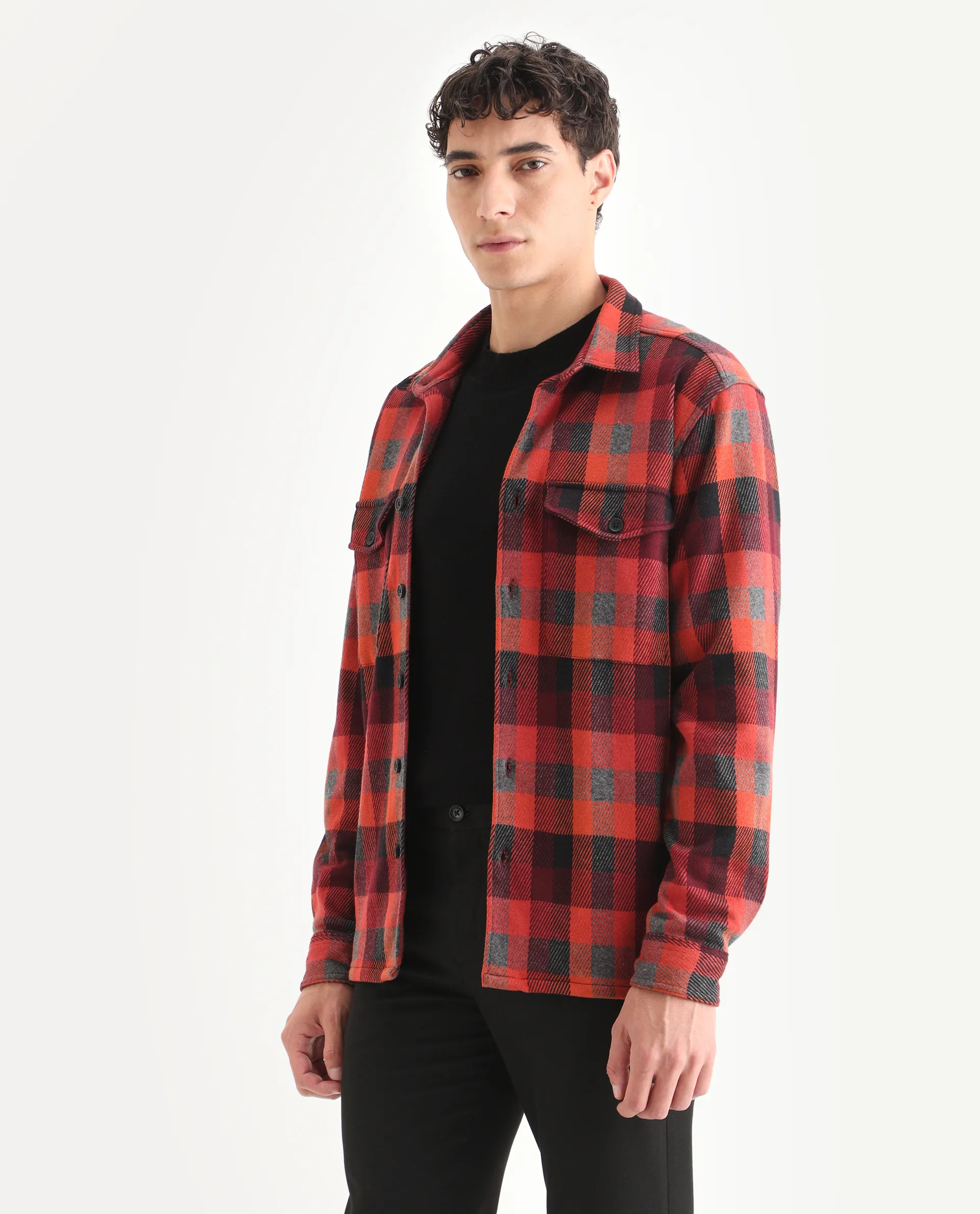 Rare Rabbit Men's Beteta Rust Cotton Checked Print Relaxed Fit Full Sleeve Collared Shacket - Image 5