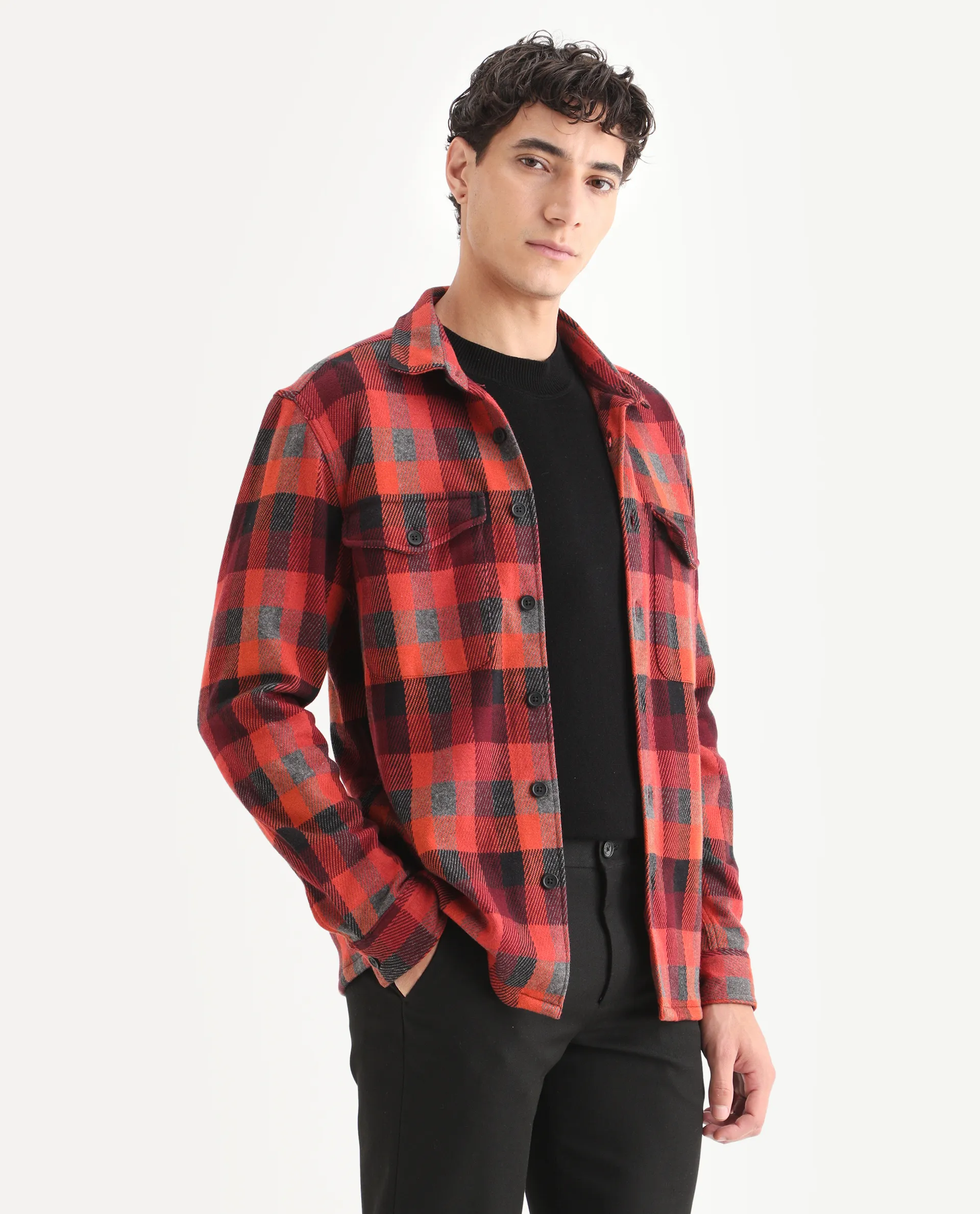 Rare Rabbit Men's Beteta Rust Cotton Checked Print Relaxed Fit Full Sleeve Collared Shacket - Image 6