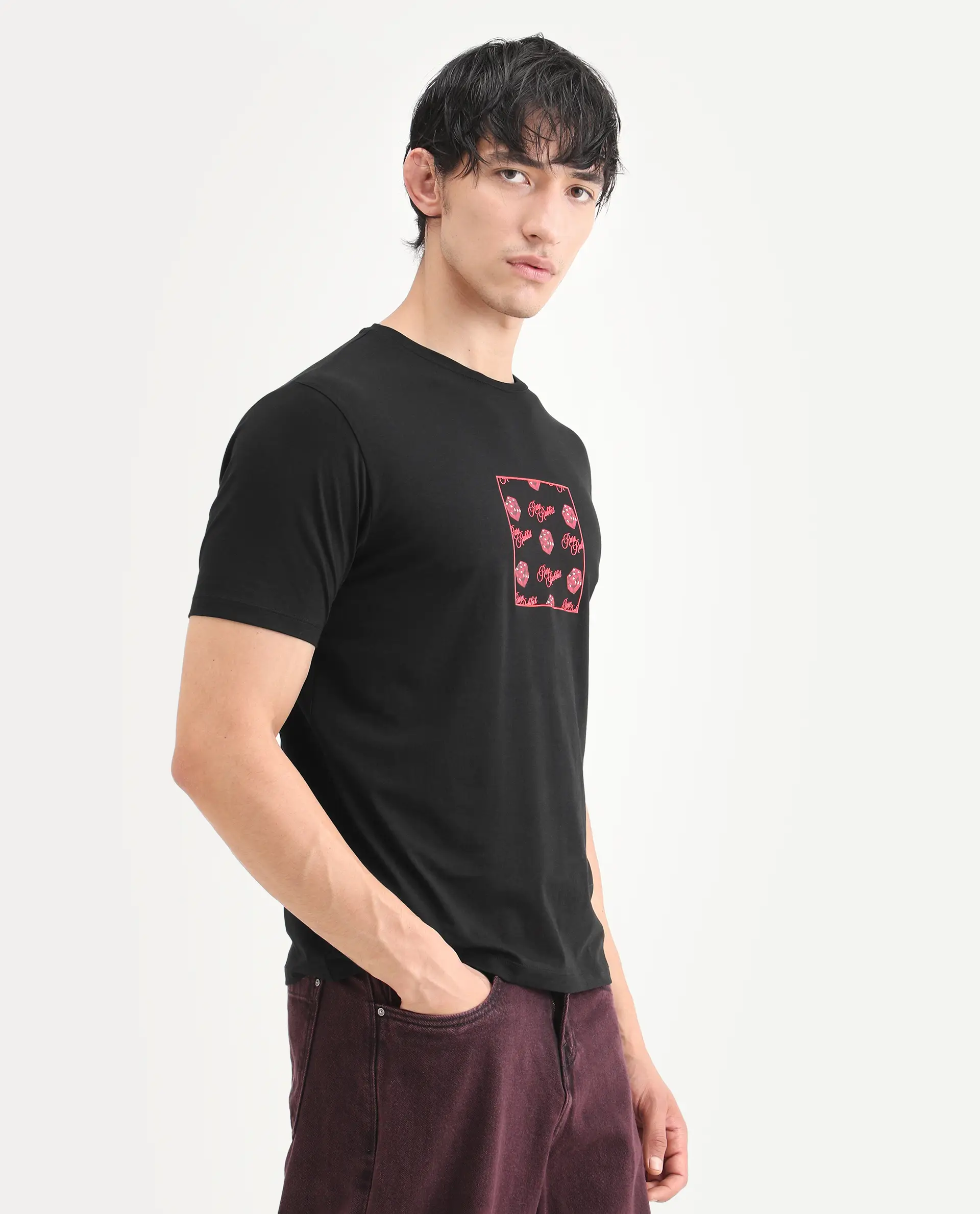 Rare Rabbit Men's Bette Black Cotton Blend Fabric Half Sleeve Crew Neck Regular Fit Graphic Print T-Shirt - Image 5