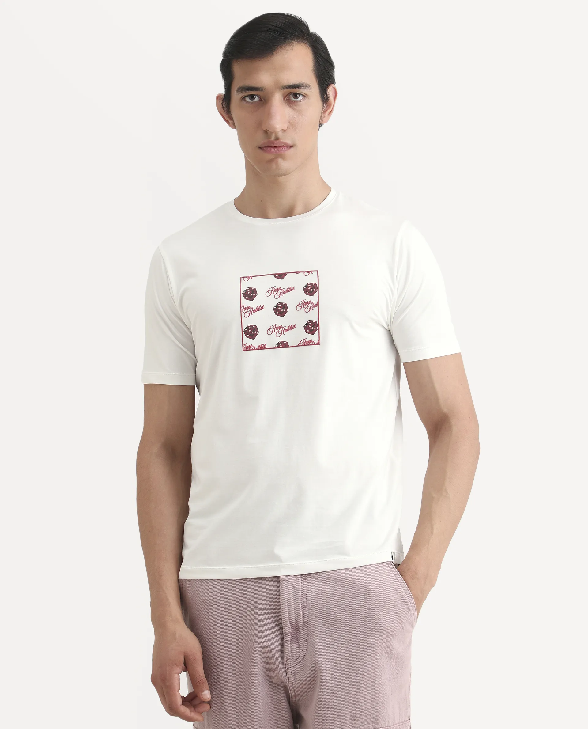 Rare Rabbit Men's Bette Off White Cotton Blend Fabric Half Sleeve Crew Neck Regular Fit Graphic Print T-Shirt - Image 5
